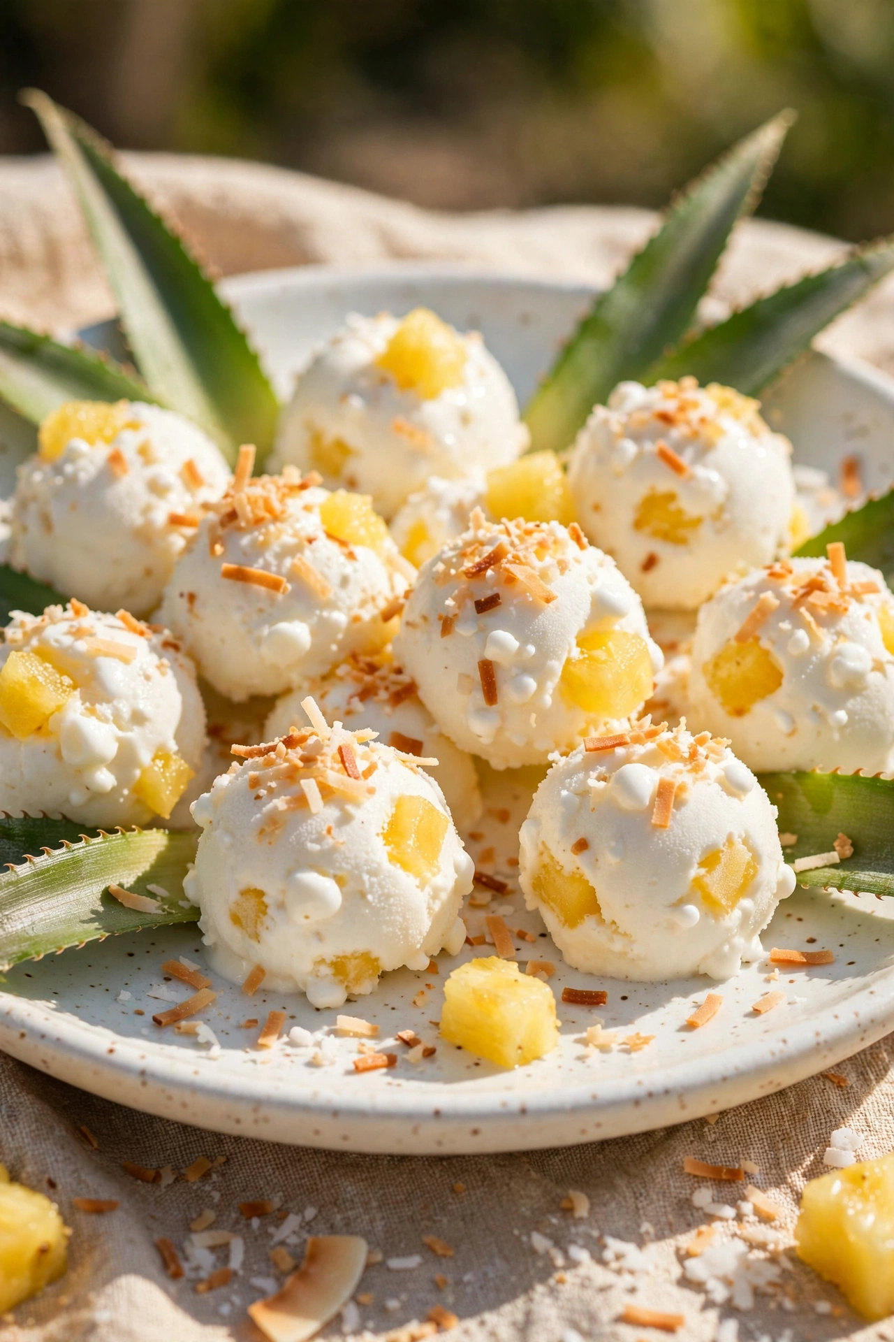 Pina colada frozen yogurt bites with pineapple chunks and toasted coconut