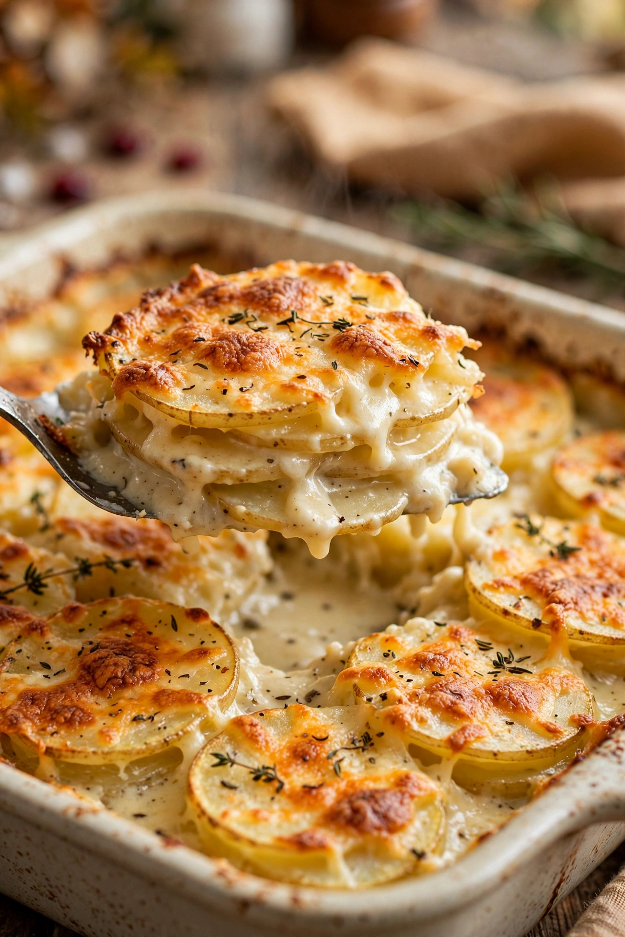 Scalloped potatoes with golden cheese top, serving lifted showing layers
