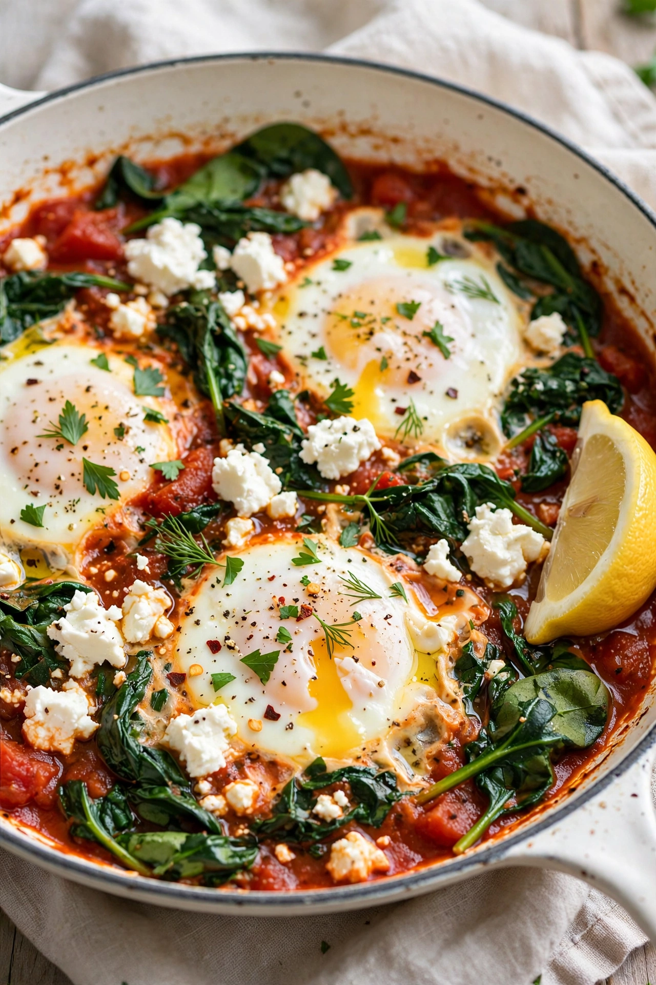 Spinach feta shakshuka with wilted spinach and feta crumbles with lemon