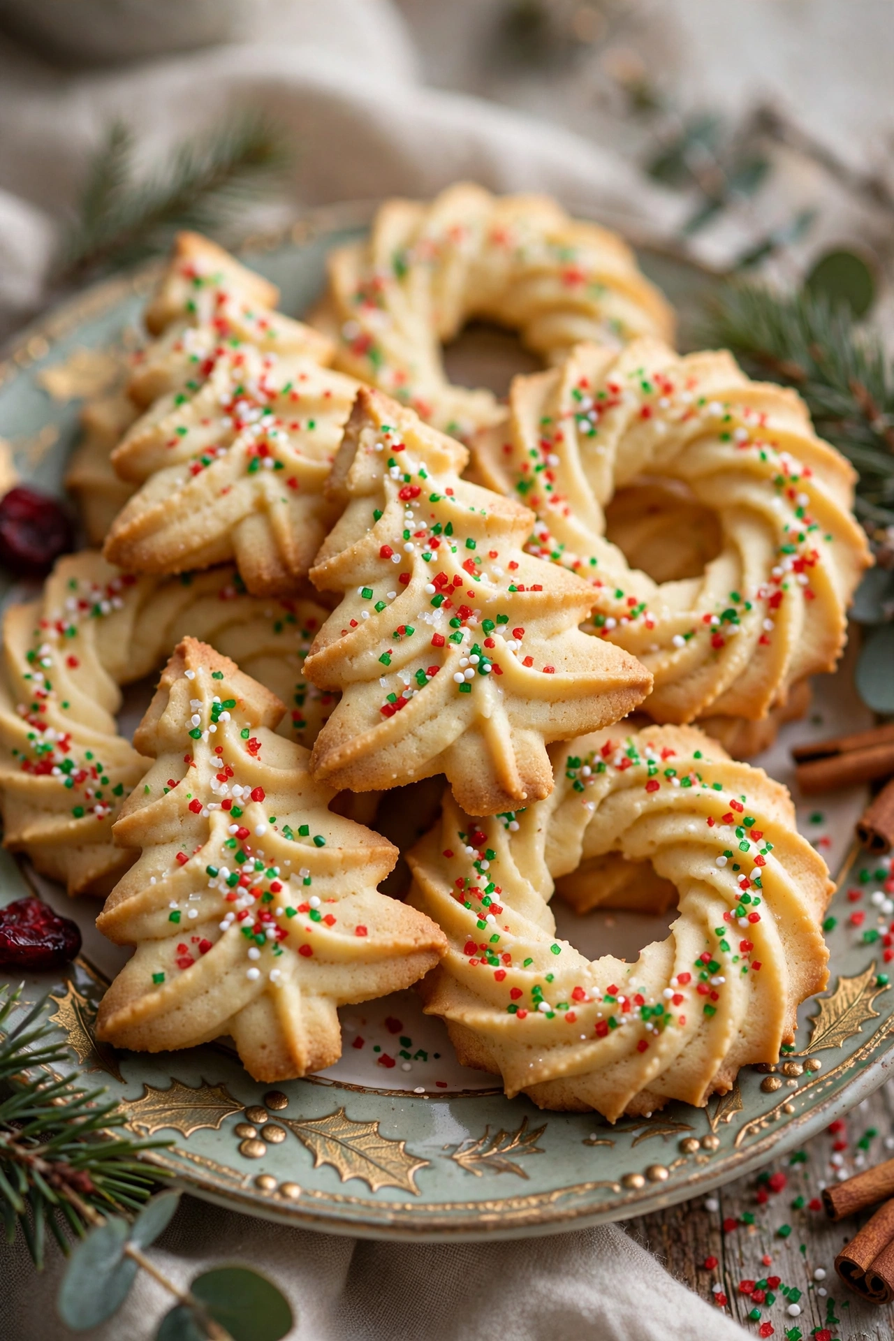 Buttery spritz cookies in Christmas shapes with colored sugar
