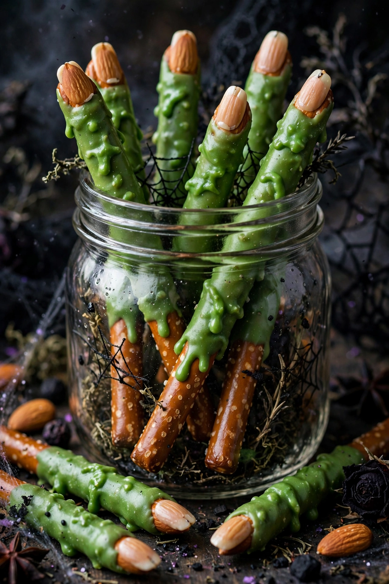 Witch finger pretzel rods with green candy coating and almond nails in a jar