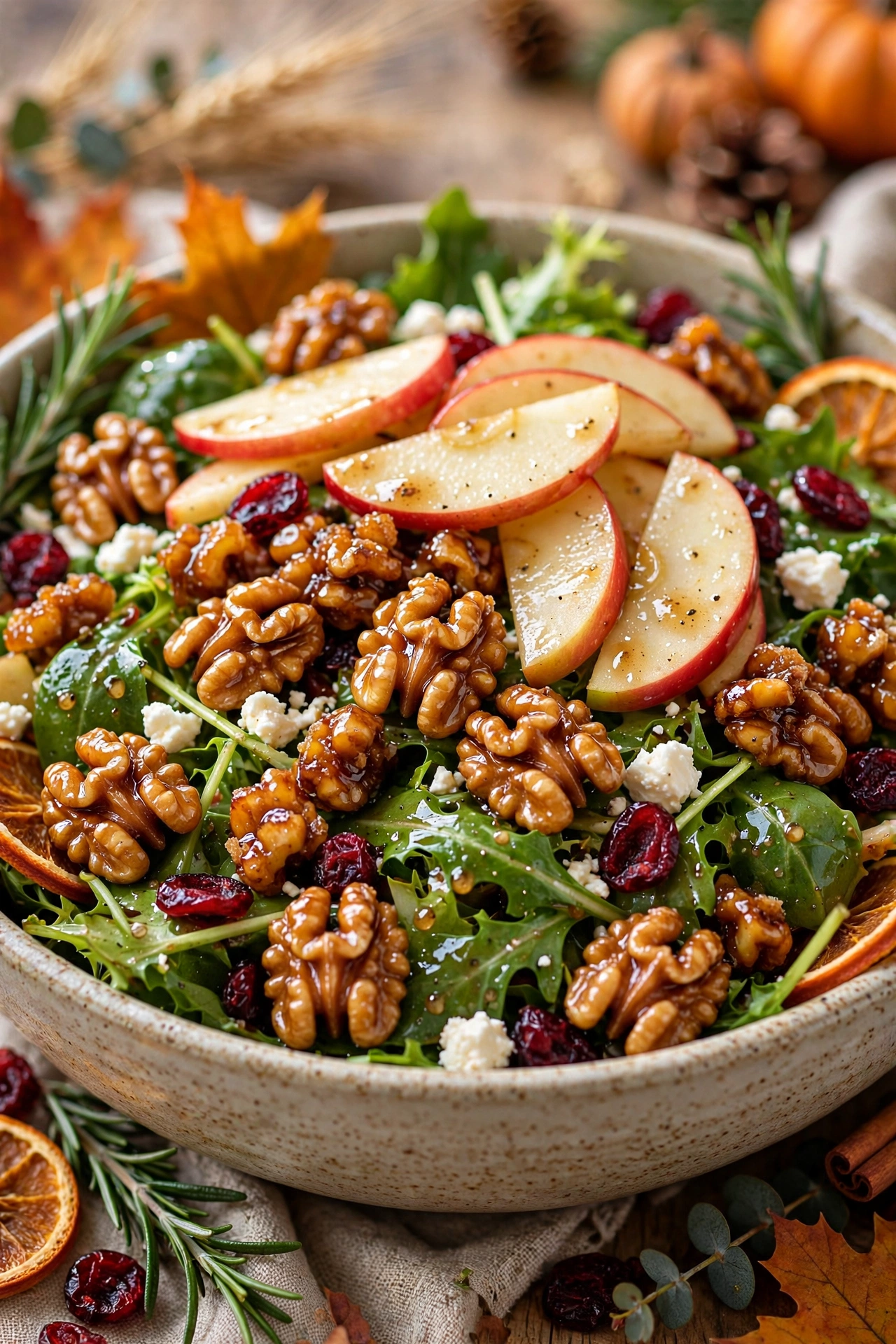Apple walnut salad with cranberries and feta cheese in a large bowl