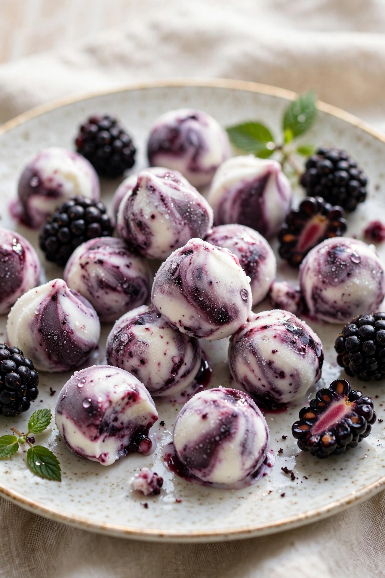 Blackberry vanilla frozen yogurt bites marbled white and purple on a dessert plate