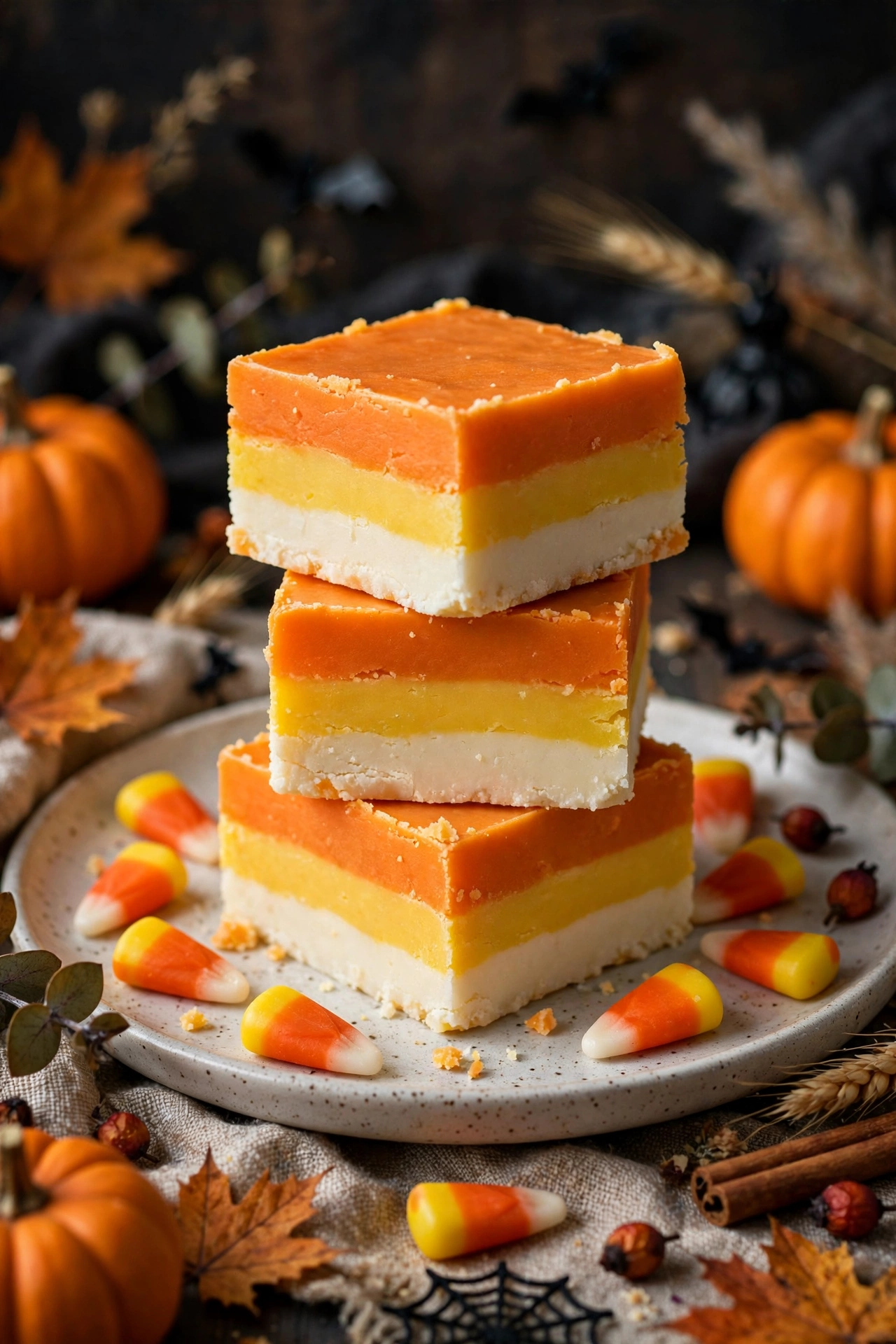 Candy corn fudge squares with orange yellow and white layers on a plate