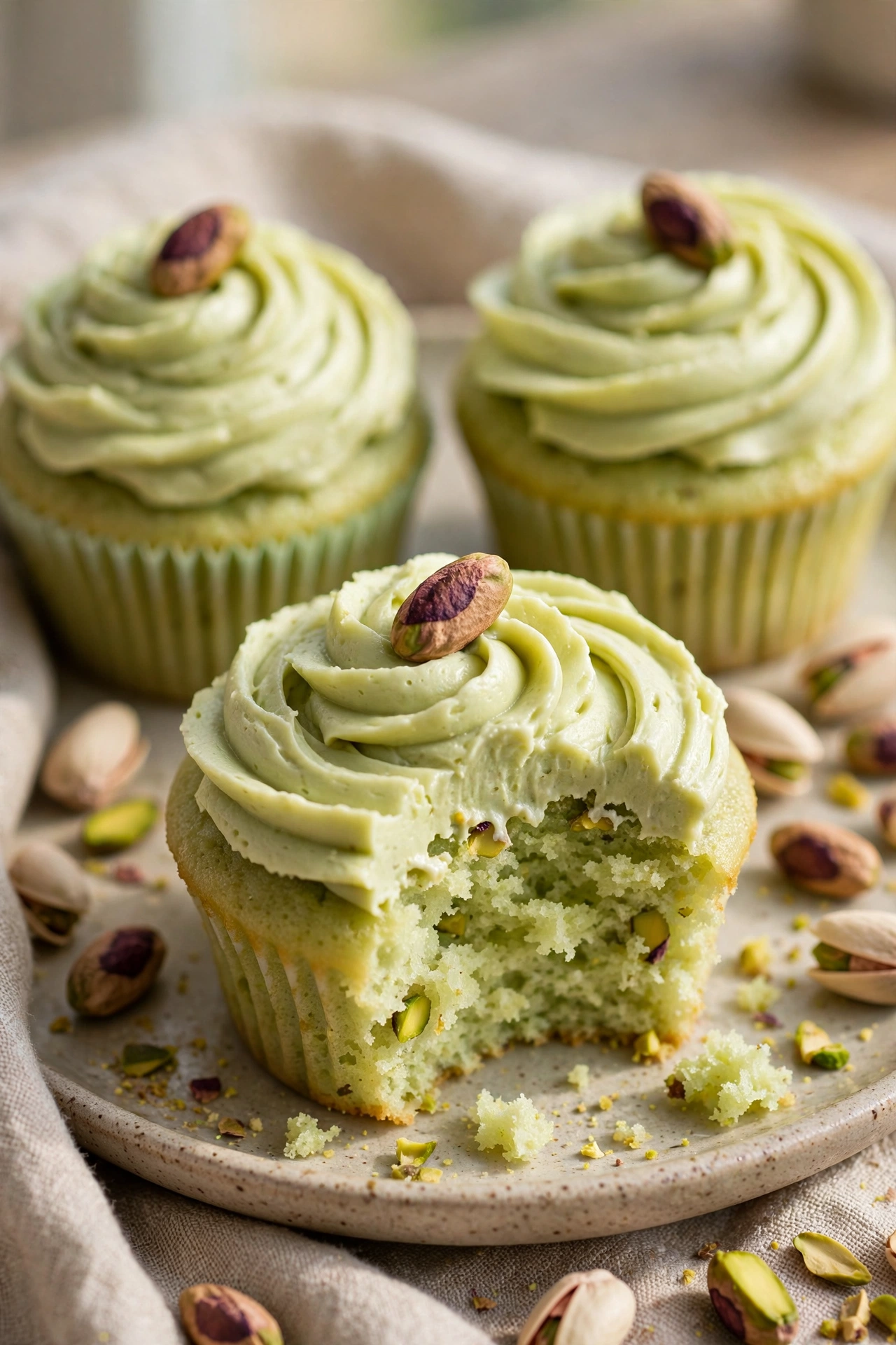 Pistachio cupcakes with swirled frosting on a plate
