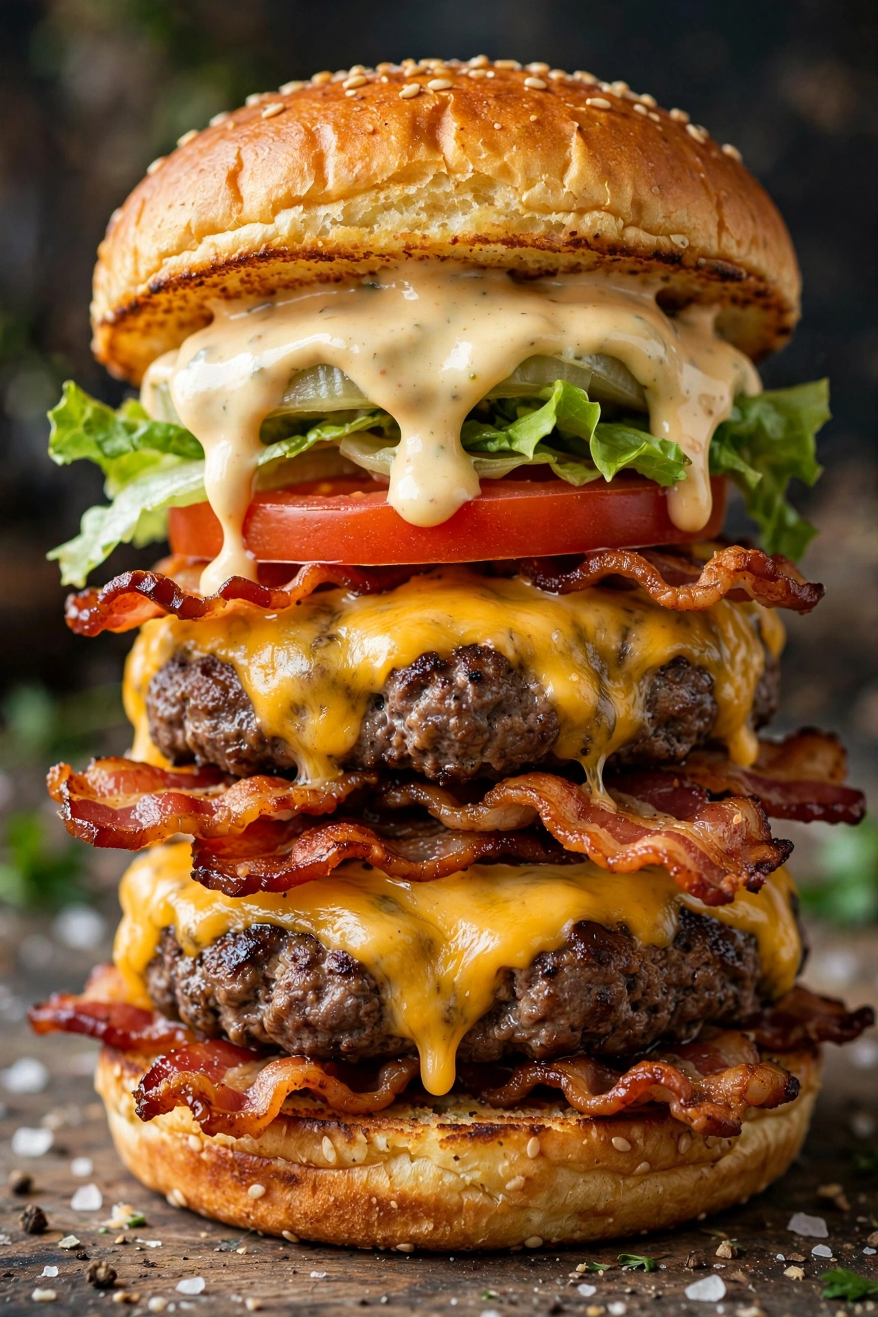 Double bacon cheeseburger with crispy bacon and cheddar on brioche