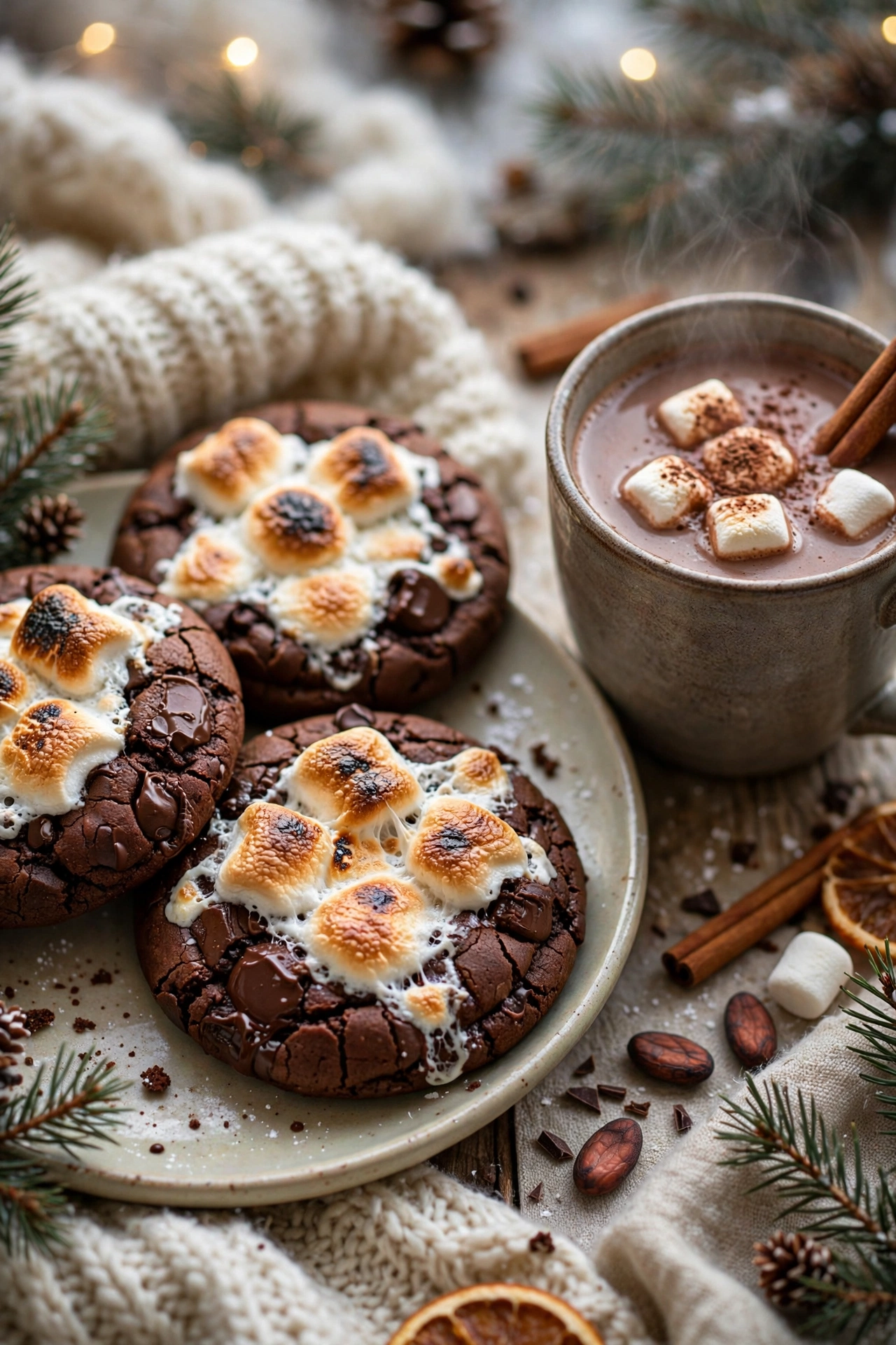 Hot chocolate cookies topped with toasted marshmallows beside a mug
