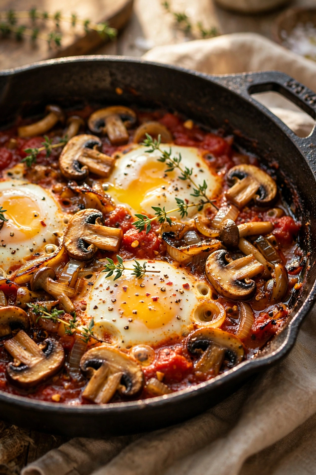 Mushroom shakshuka with sauteed mushrooms and thyme in a cast iron skillet