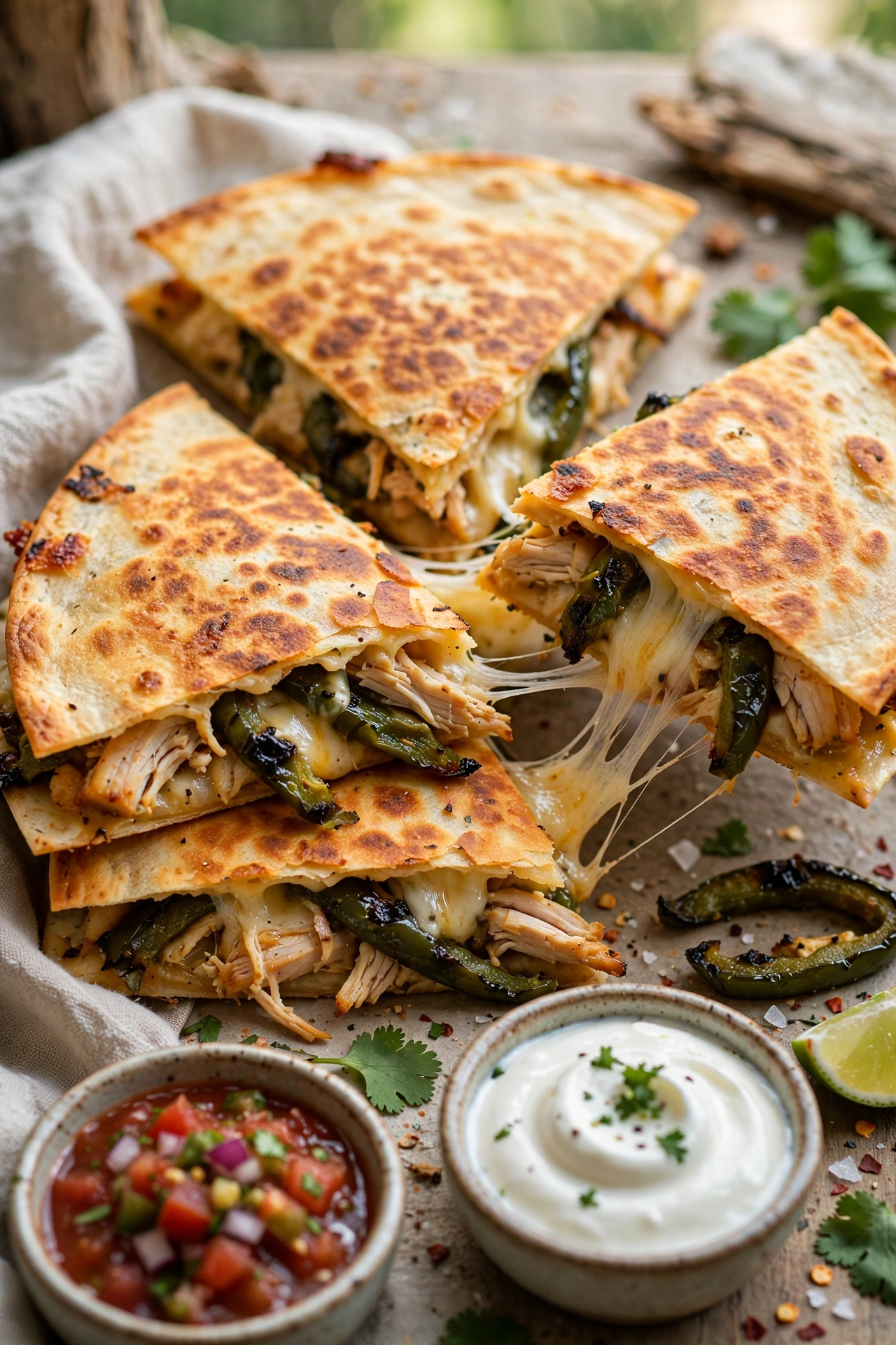 Poblano chicken quesadillas with gooey cheese pull and dipping sauces