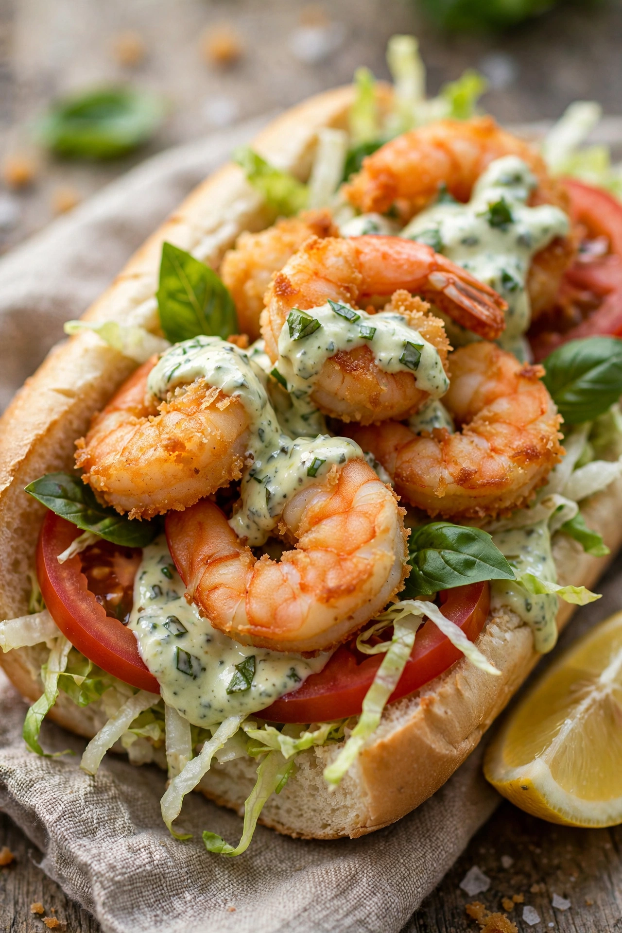 Basil shrimp po'boy with fried shrimp and basil aioli