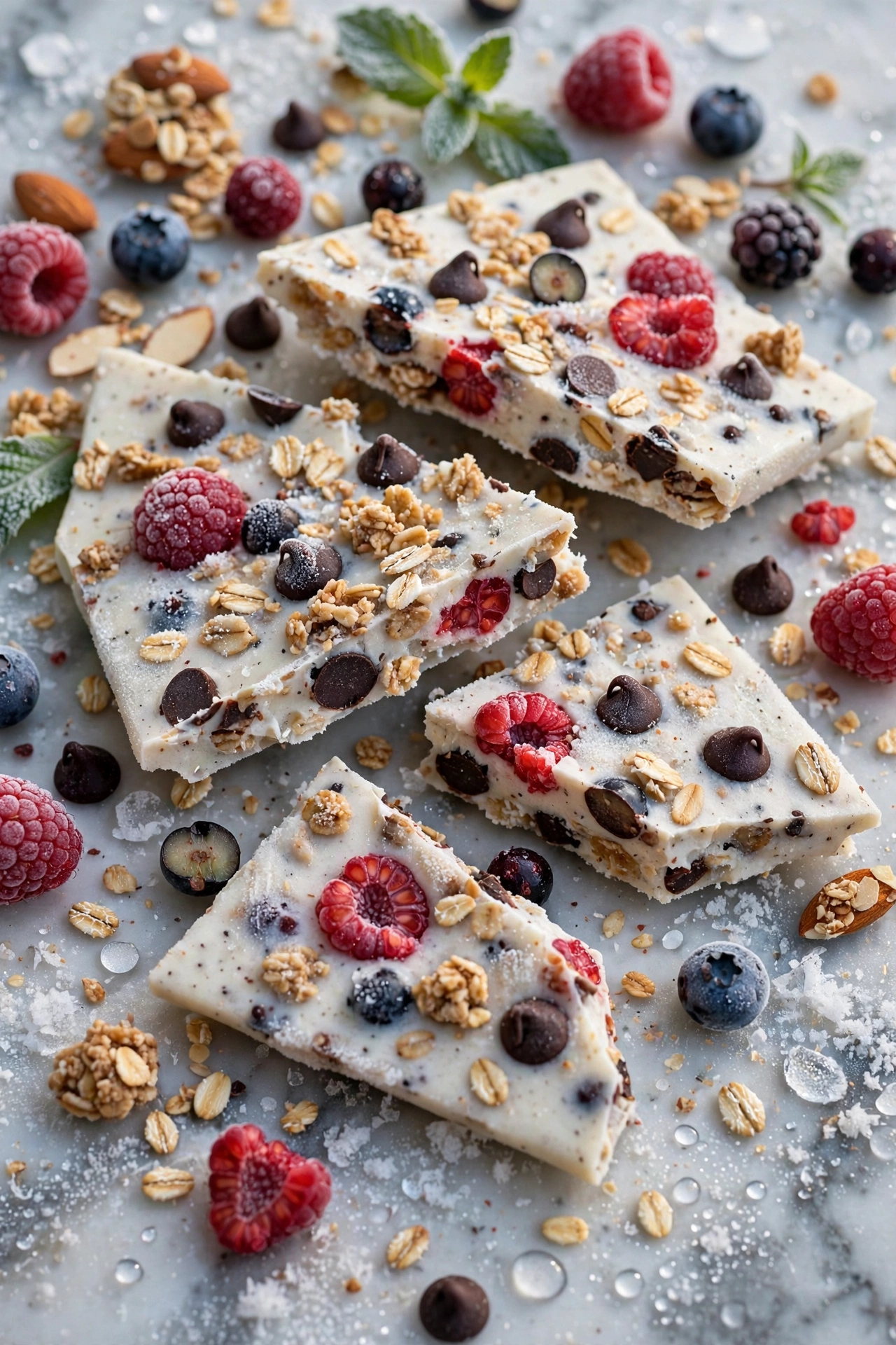 Broken pieces of frozen yogurt bark with berries and granola