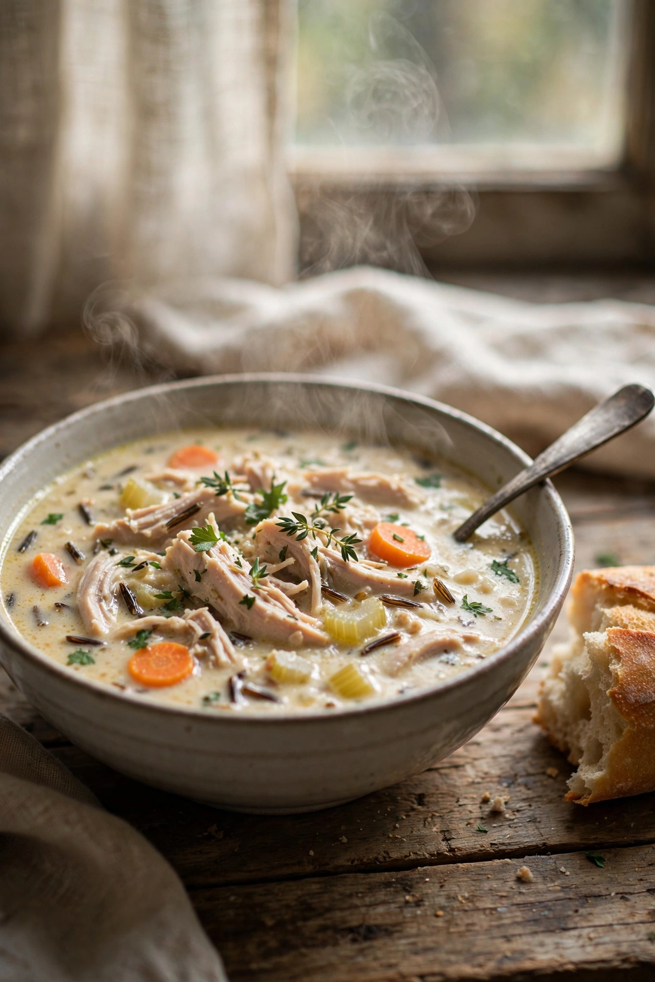 Overhead view of turkey wild rice soup with tender turkey, wild rice, carrots, and celery in creamy broth