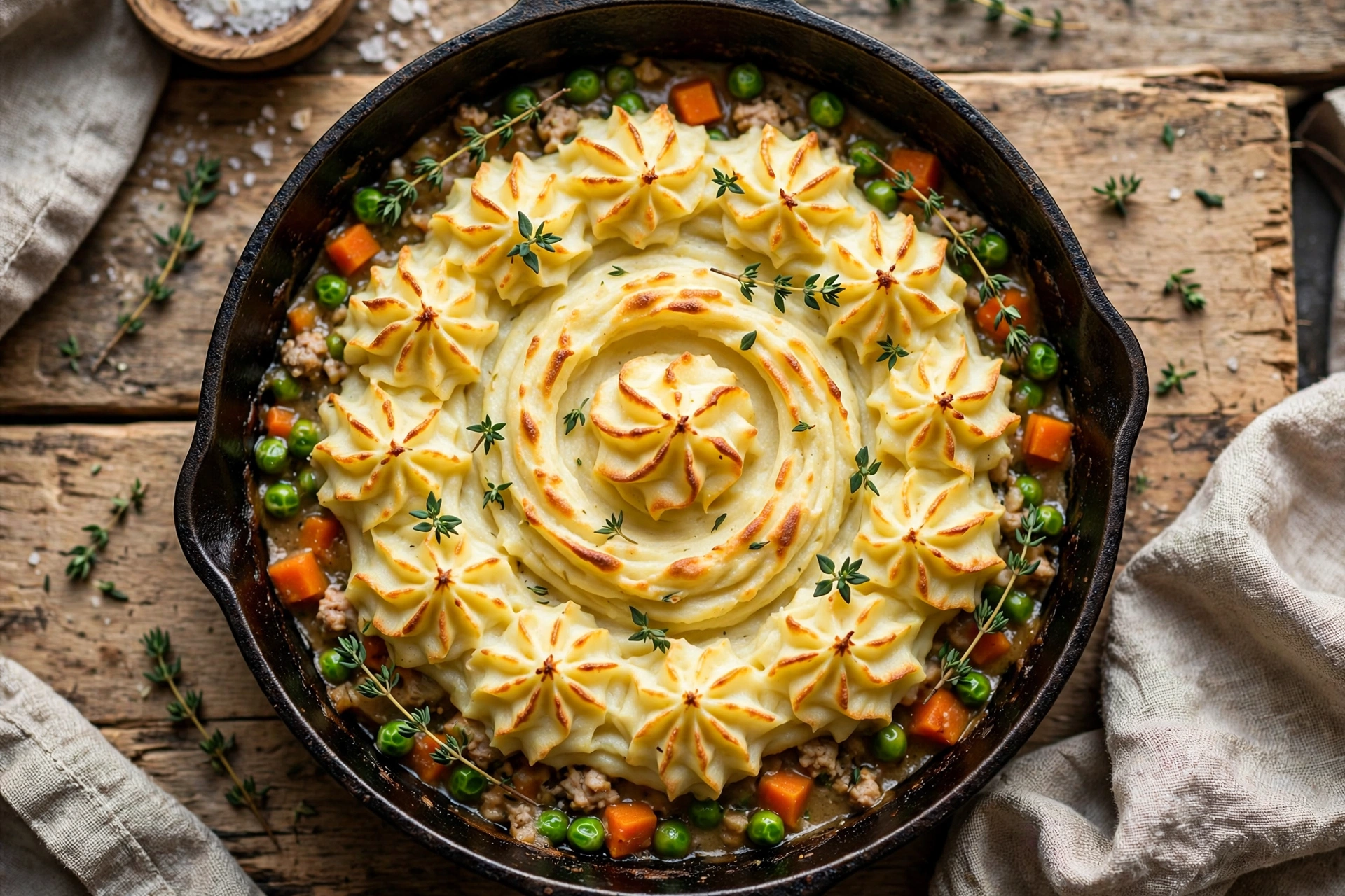 Close-up view of turkey shepherd's pie with savory turkey and vegetable filling under fluffy mashed potatoes