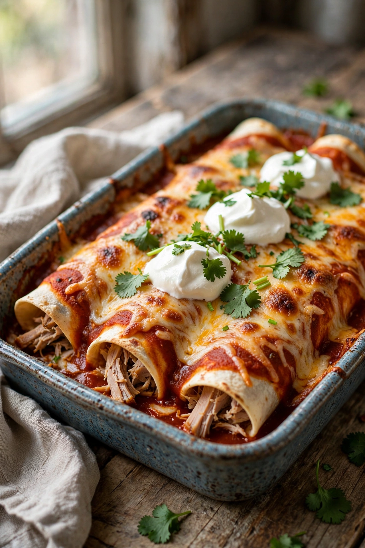 Overhead view of turkey enchiladas with red sauce, melted cheese, and fresh cilantro in a baking dish