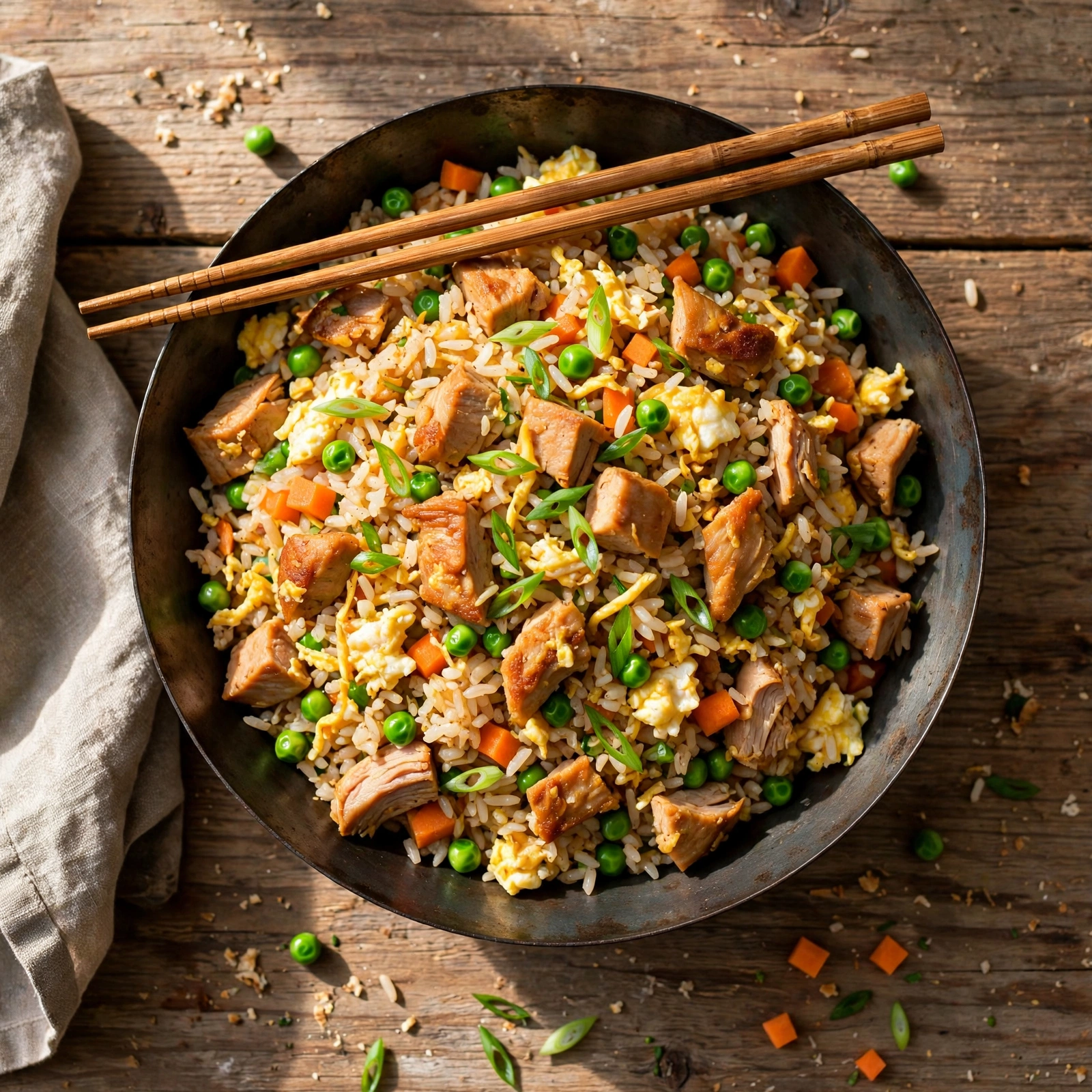 Side view of turkey fried rice with diced turkey, peas, carrots, egg, and scallions in a skillet