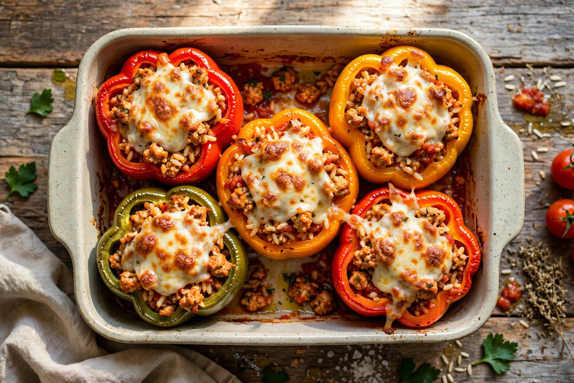 Overhead view of turkey stuffed bell peppers with seasoned turkey and rice filling, topped with melted cheese