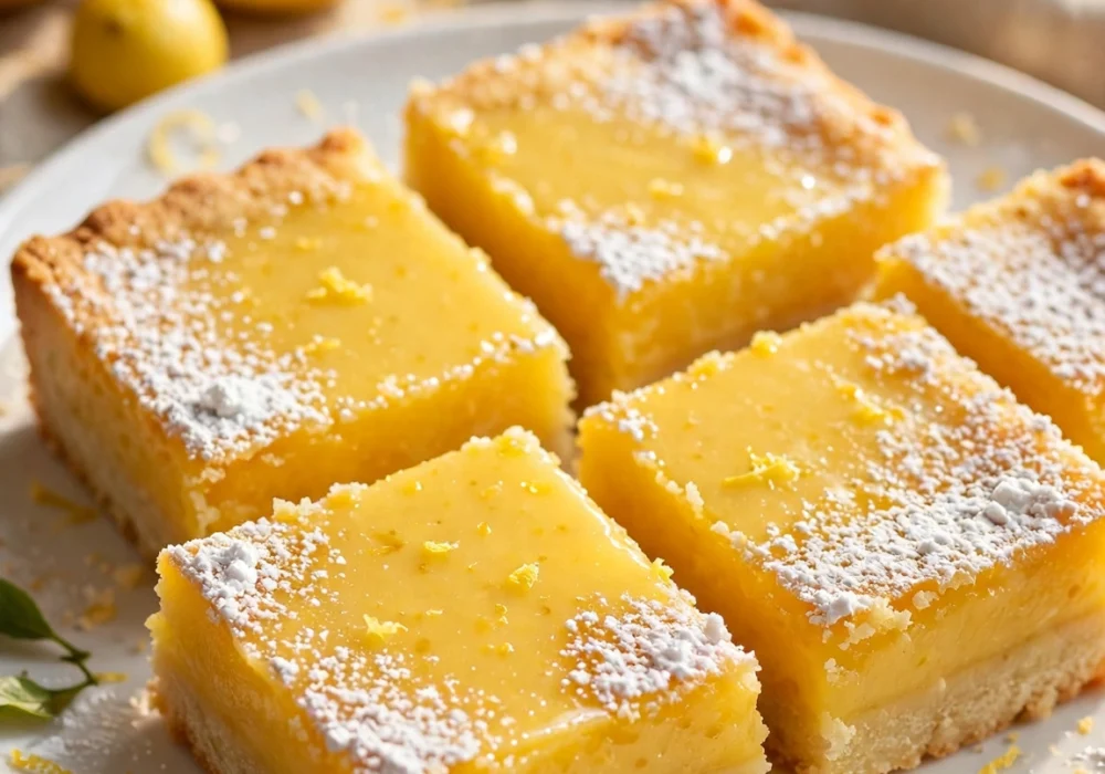 Lemon bars cut into squares with powdered sugar dusted and bright yellow lemon curd over shortbread crust