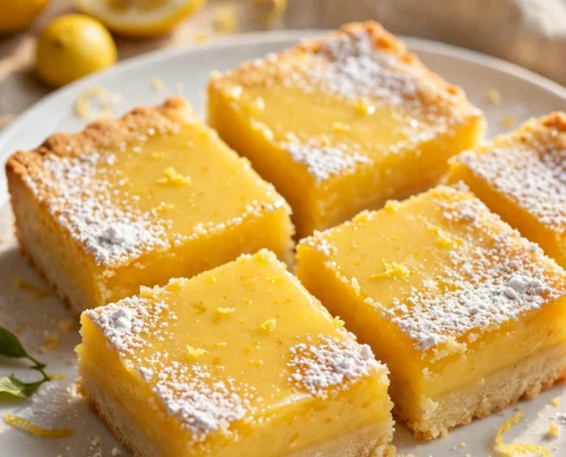 Lemon bars cut into squares with powdered sugar dusted and bright yellow lemon curd over shortbread crust