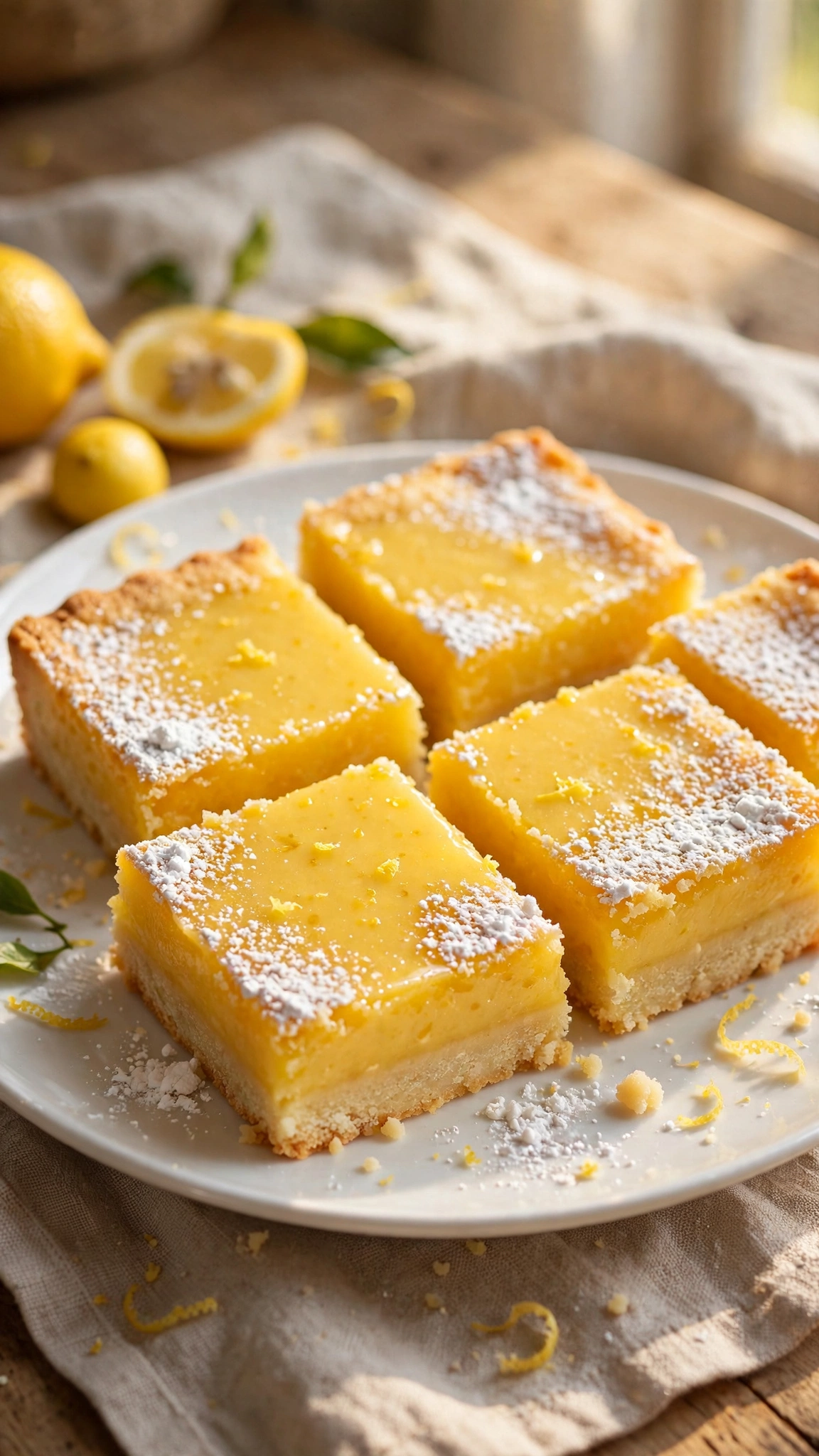 Lemon bars cut into squares with powdered sugar dusted and bright yellow lemon curd over shortbread crust