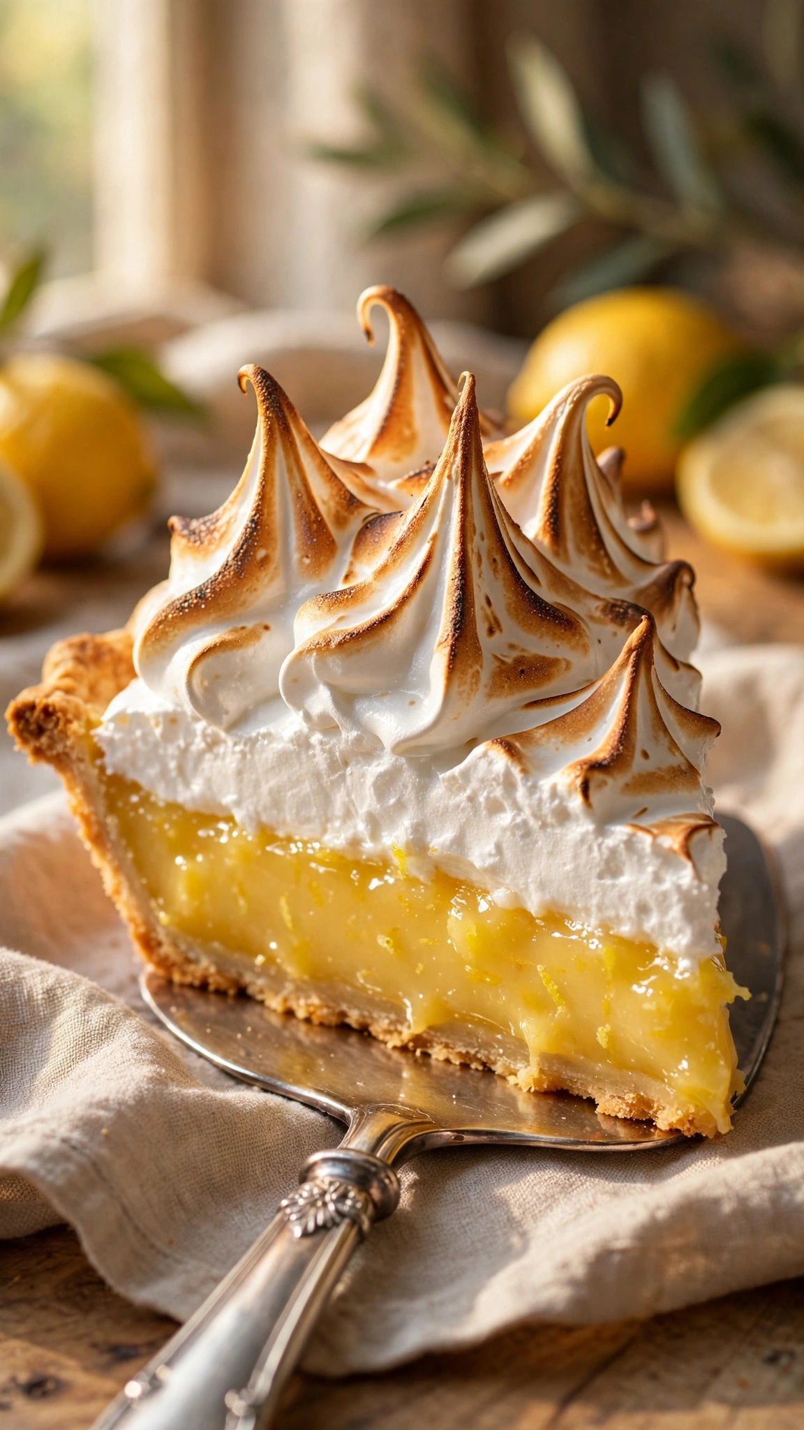 Lemon meringue pie slice with tall torched meringue peaks and golden tips, lemon filling visible