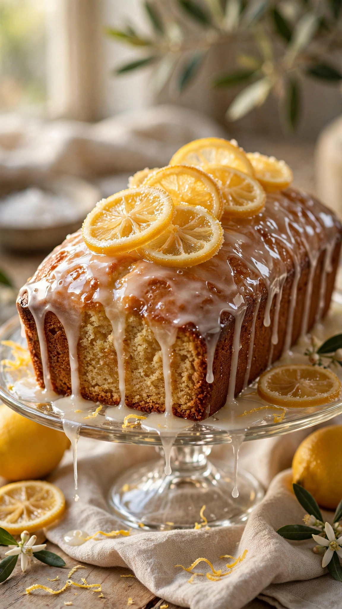 Lemon drizzle cake loaf with glossy lemon glaze dripping down the sides and candied lemon slices on top