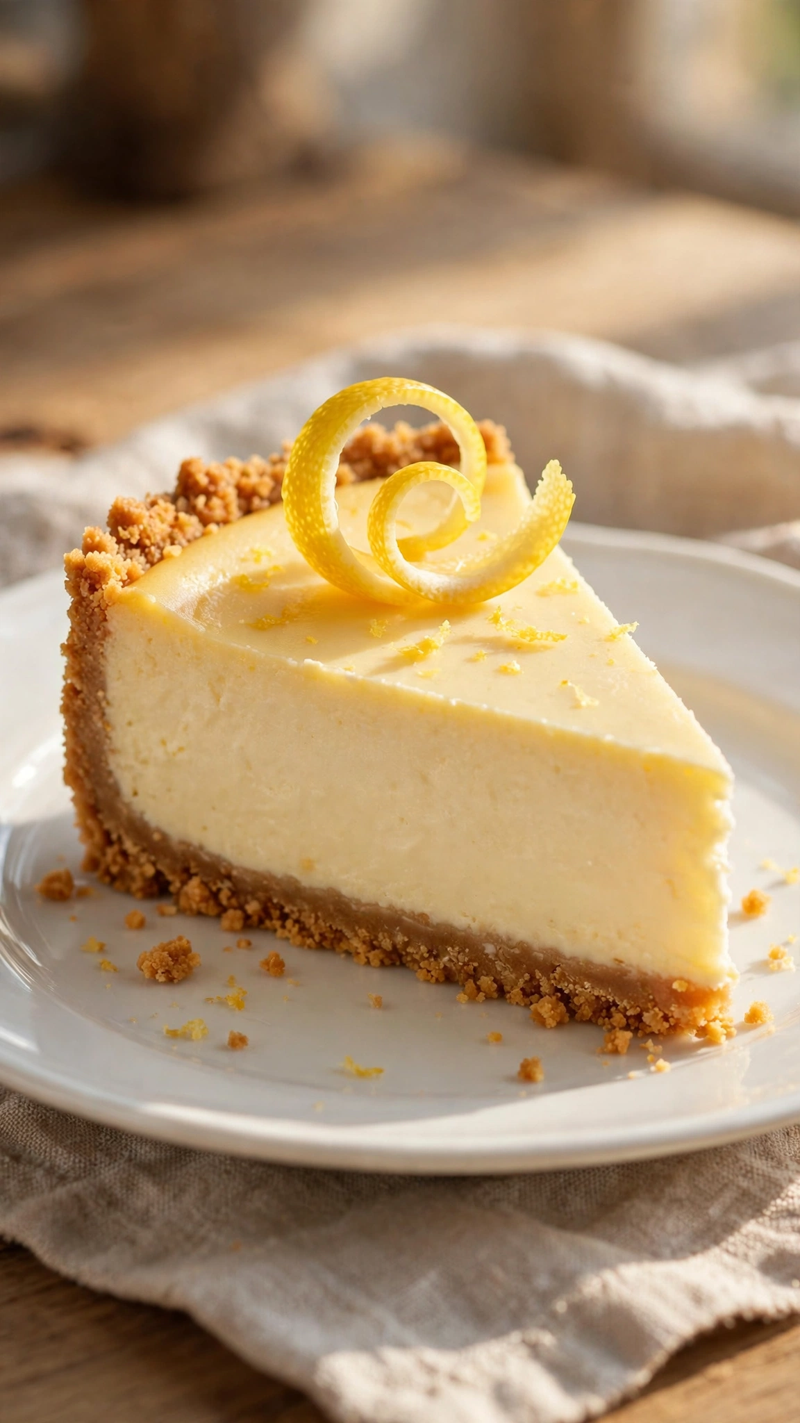 Lemon cheesecake slice with graham cracker crust and smooth pale yellow filling, lemon curl garnish
