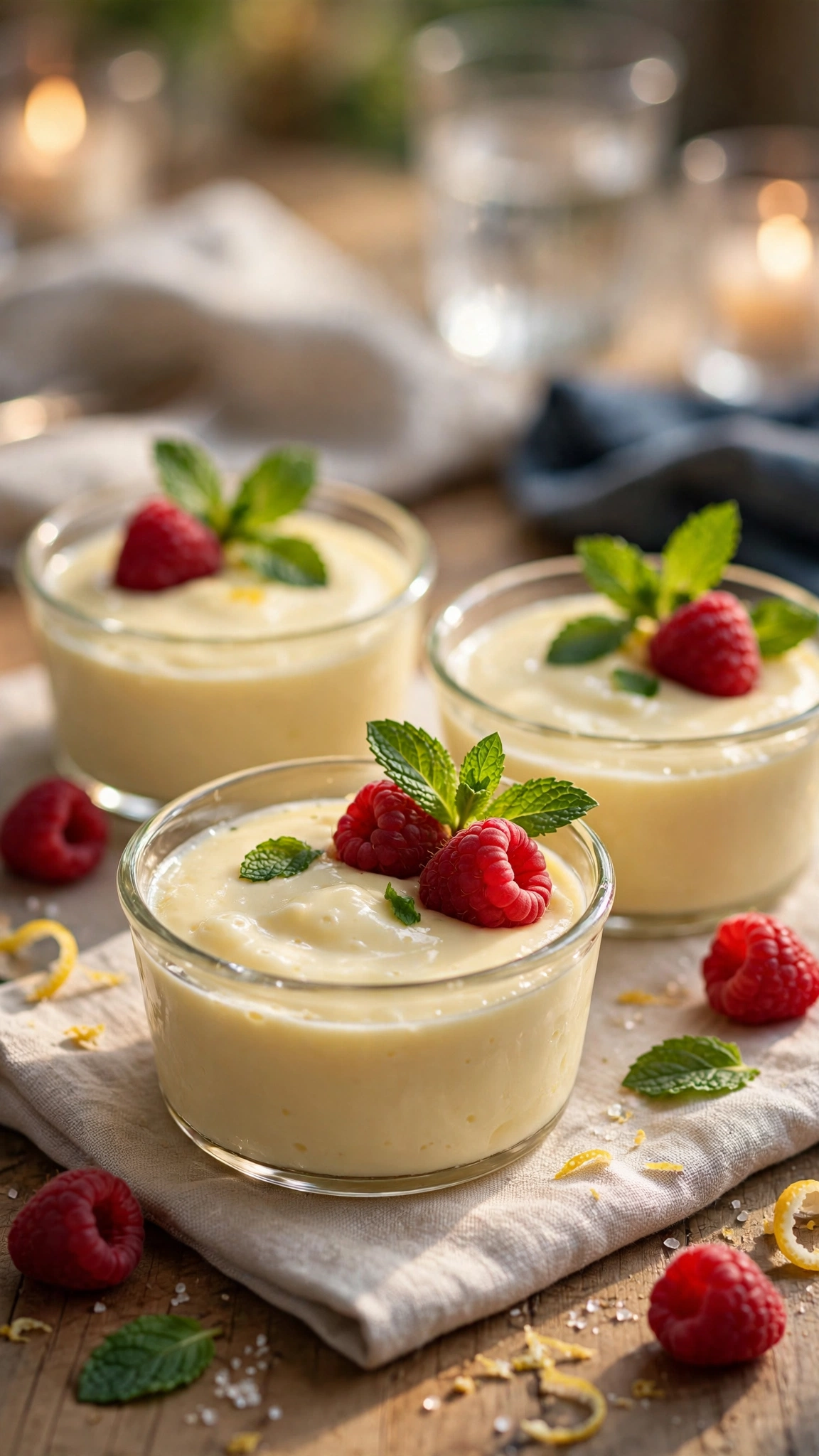 Lemon posset in small glass ramekins with silky set cream, raspberry and mint garnish