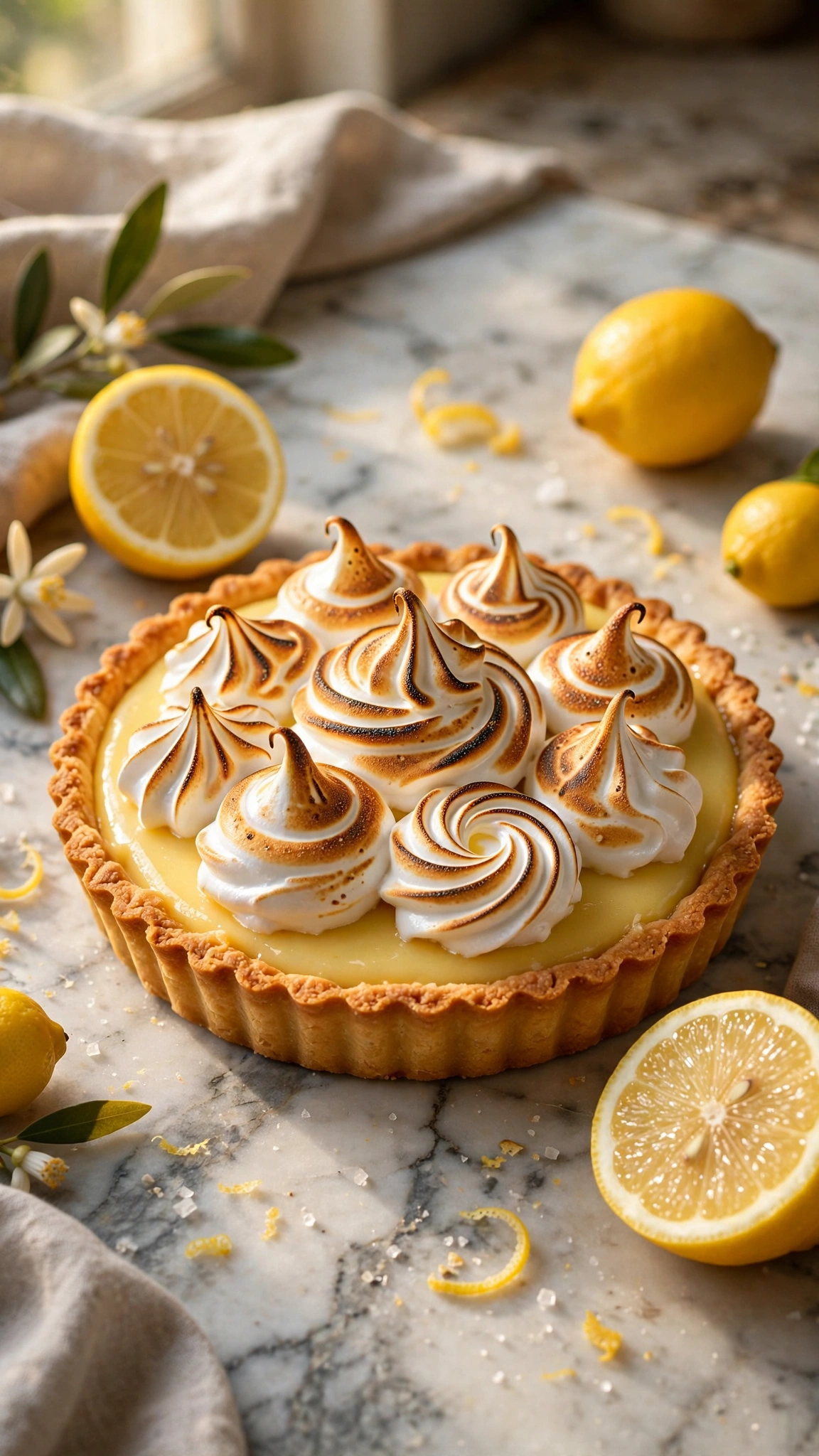 French lemon tart with torched meringue swirls and buttery tart shell on marble with lemon halves