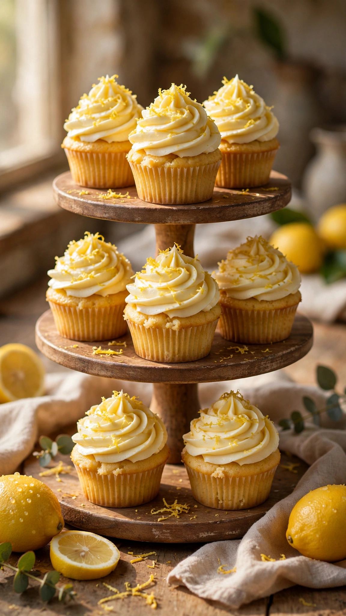 Lemon cupcakes with swirled lemon buttercream frosting and lemon zest on a tiered stand