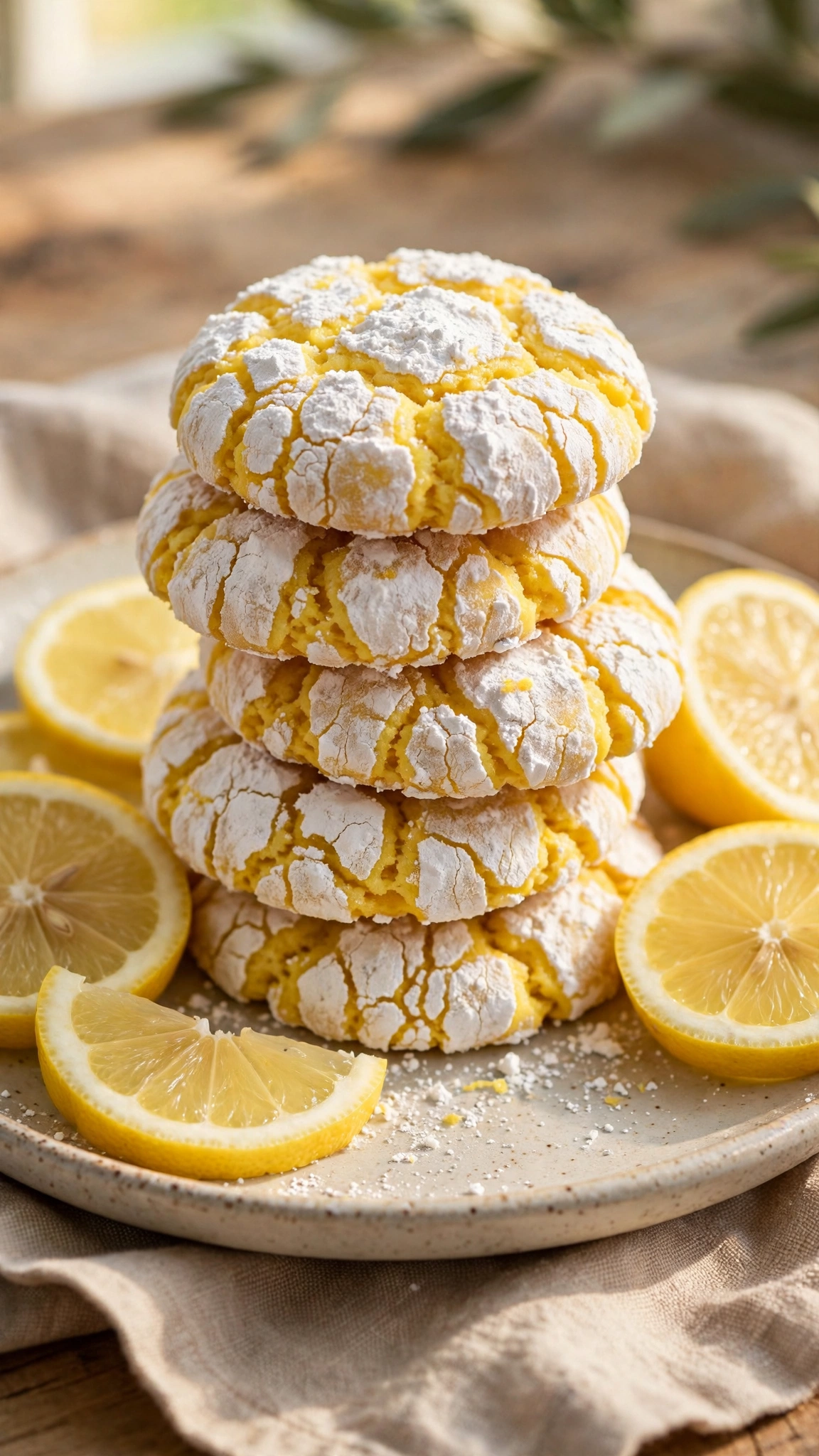 Lemon crinkle cookies with crackled powdered sugar tops and bright yellow, stacked on a plate with lemon slices