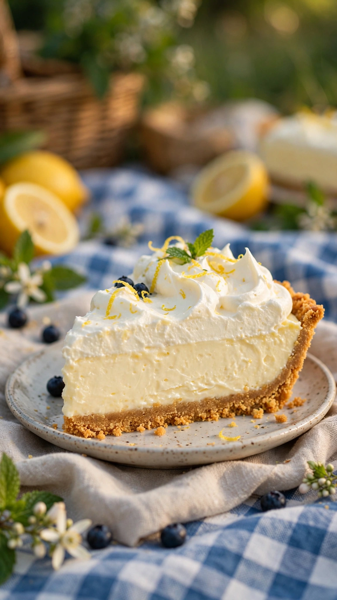 Lemon icebox pie slice with no bake creamy filling and whipped cream topping, summer picnic styling