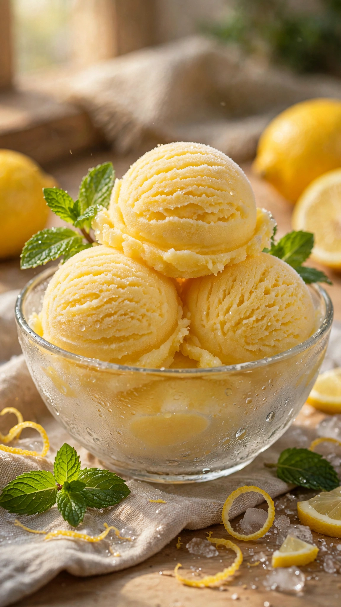 Lemon sorbet scoops in a chilled glass bowl with bright sunny yellow color and mint leaves, frosty presentation