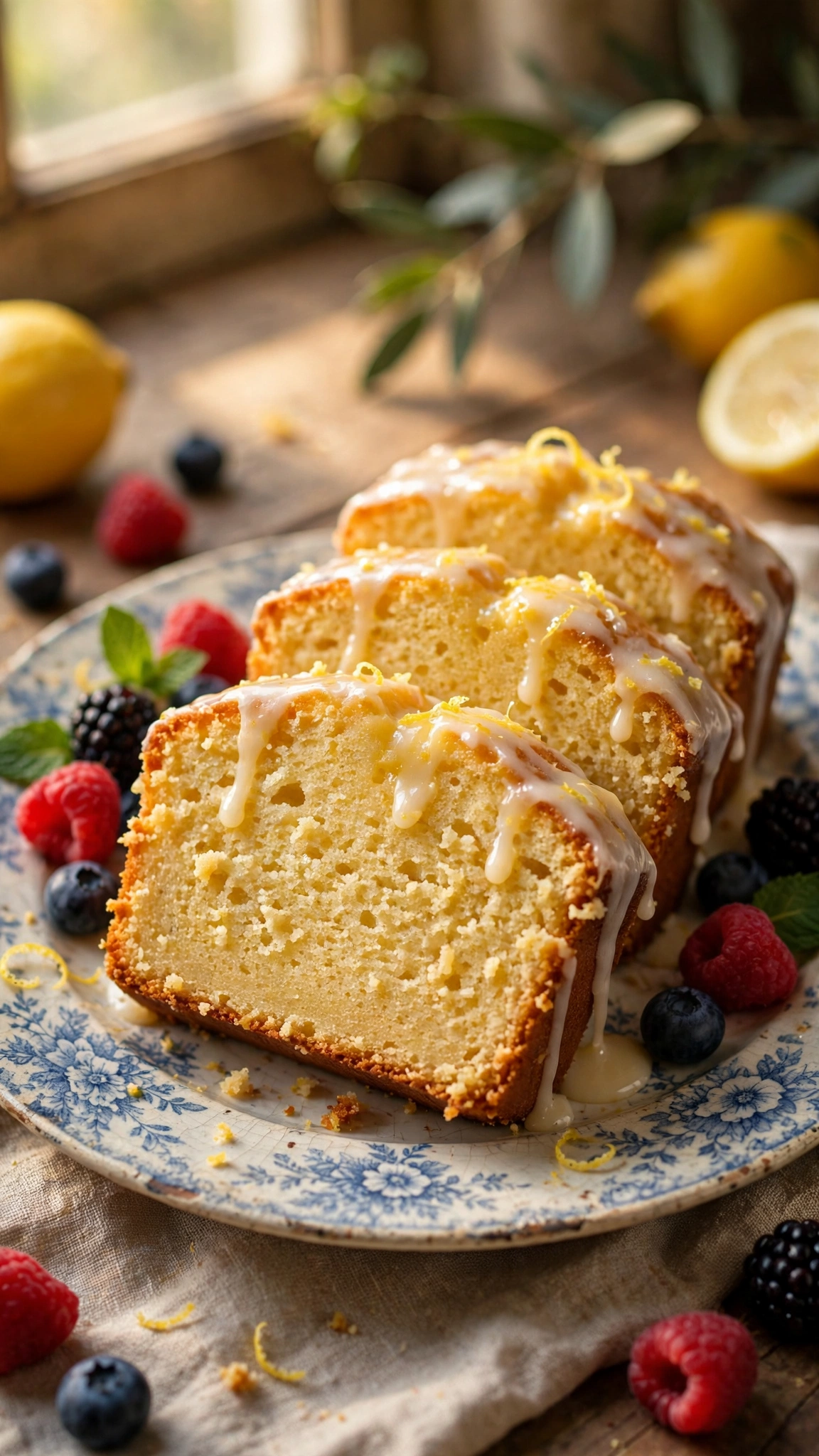 Lemon pound cake slices with dense golden crumb and lemon glaze on a vintage plate with berries