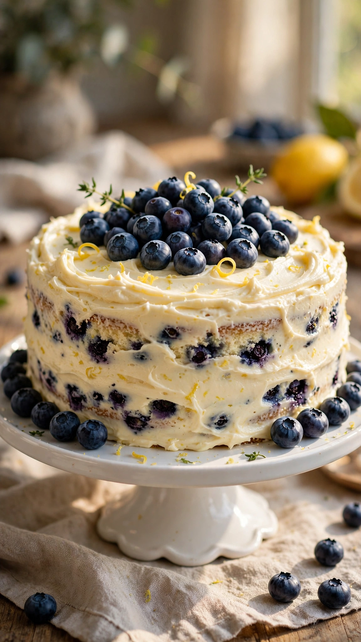 Lemon blueberry cake with fresh blueberries studded through and lemon cream cheese frosting on a cake stand