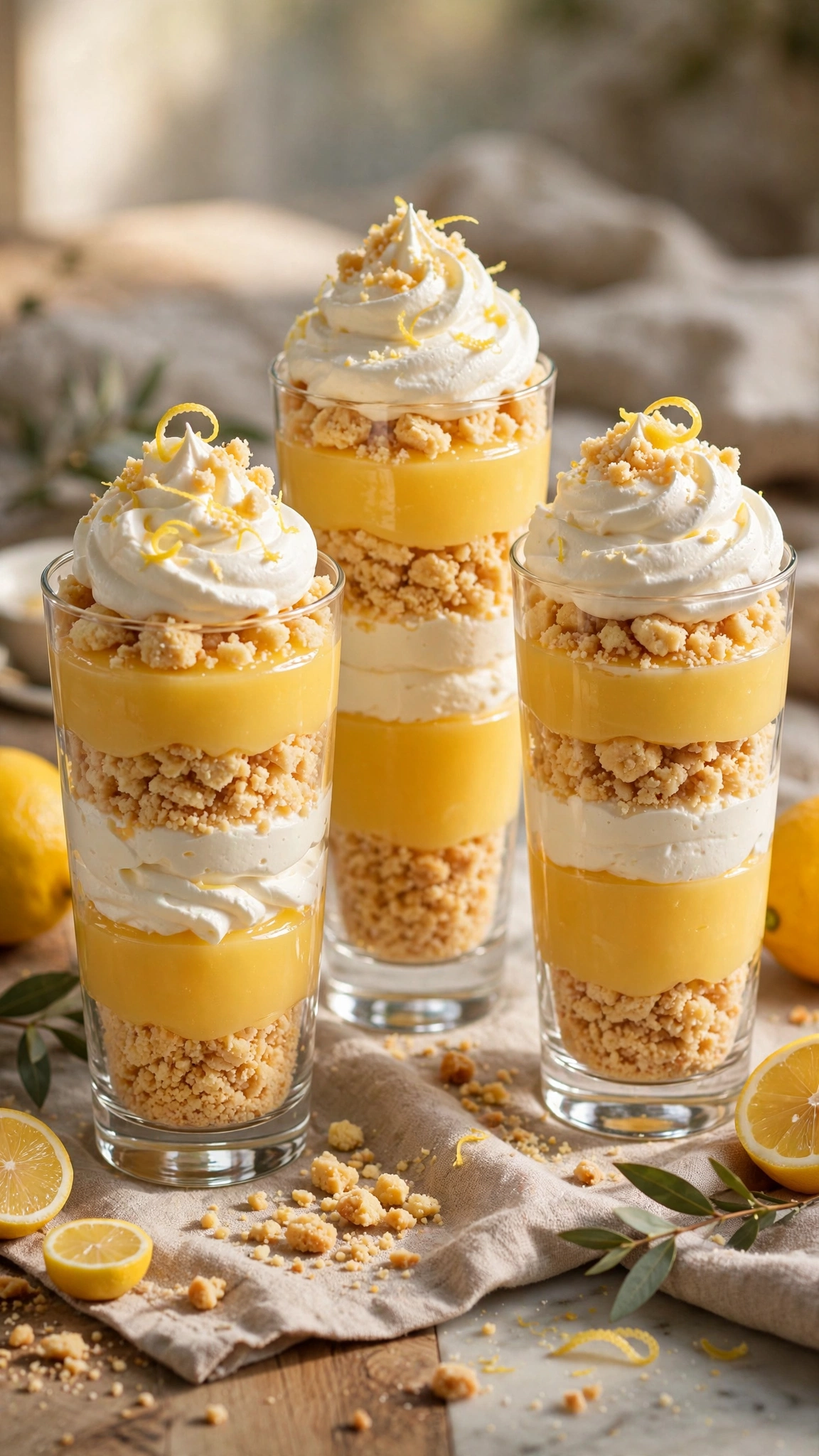 Lemon curd parfaits in glasses with layers of lemon curd, whipped cream and crushed shortbread