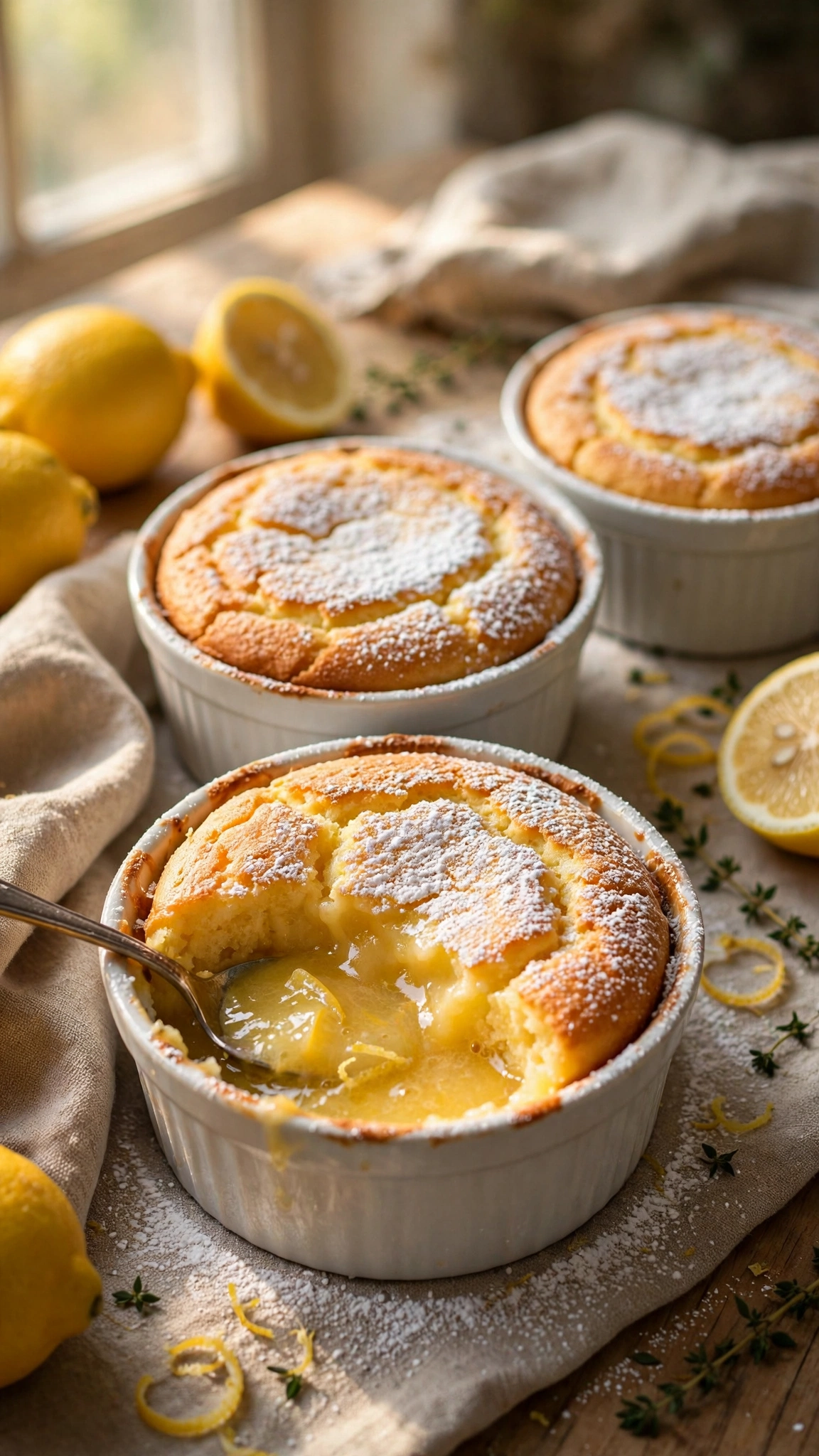 Warm lemon pudding cakes in ramekins with golden sponge top and saucy lemon bottom, powdered sugar dusted
