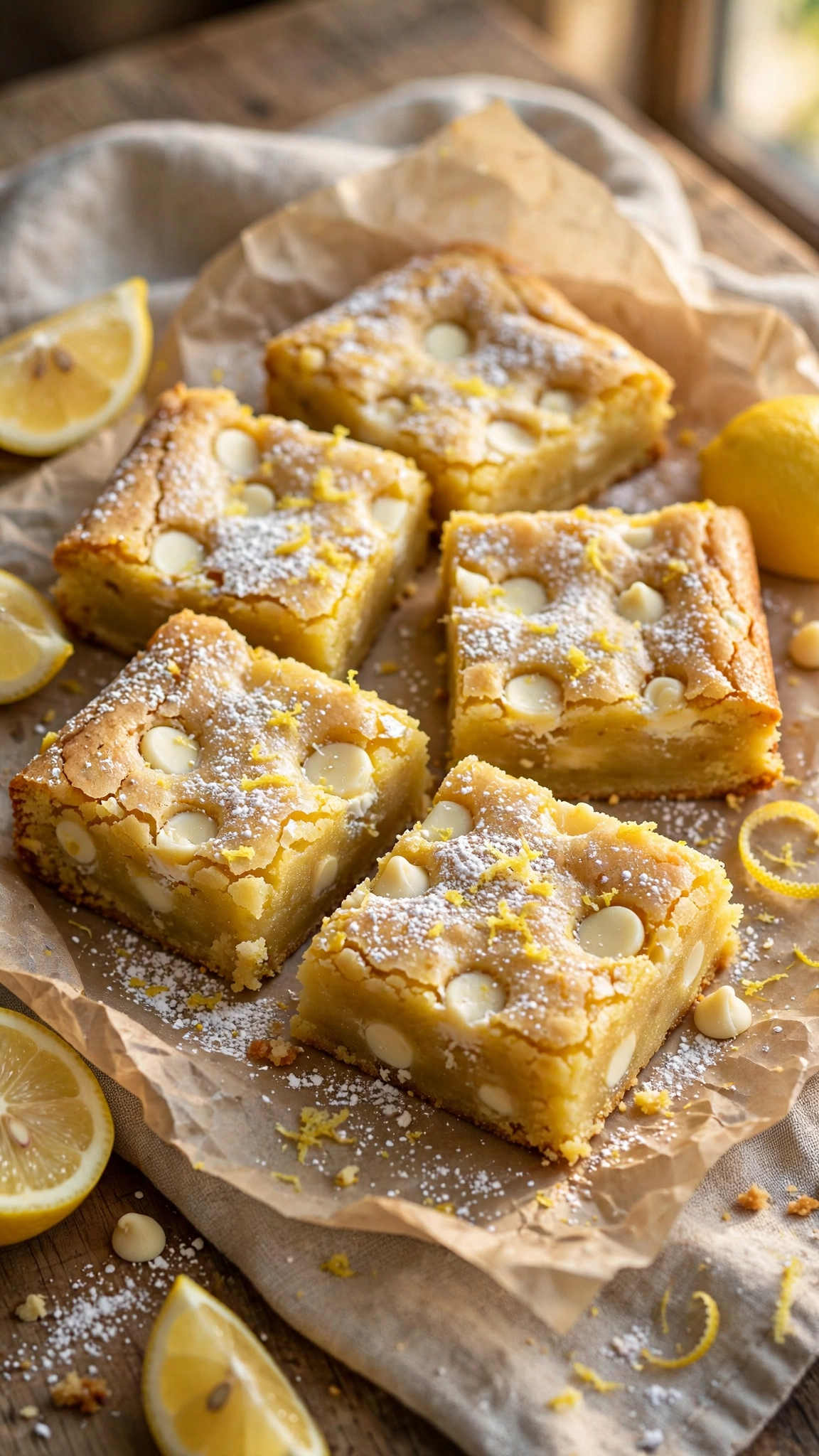 Lemon brownies, fudgy yellow bars with white chocolate chips and powdered sugar, cut into squares on parchment