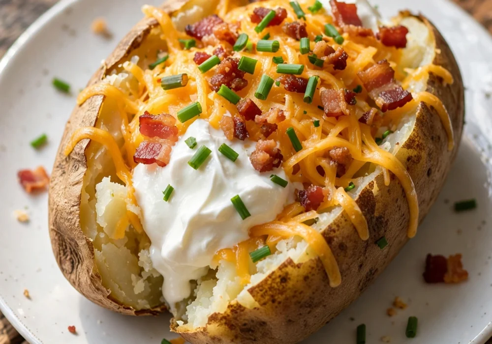 Close-up view of a classic loaded baked potato with melted cheddar, bacon bits, sour cream, and chopped chives