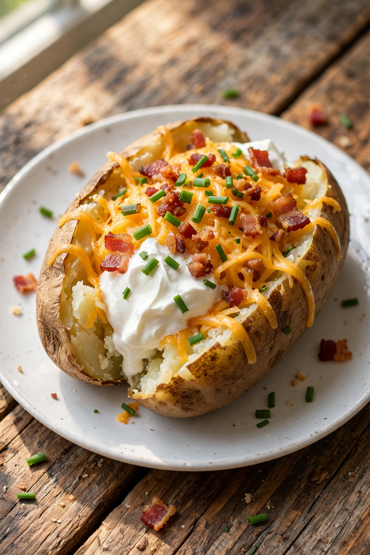 Close-up view of a classic loaded baked potato with melted cheddar, bacon bits, sour cream, and chopped chives