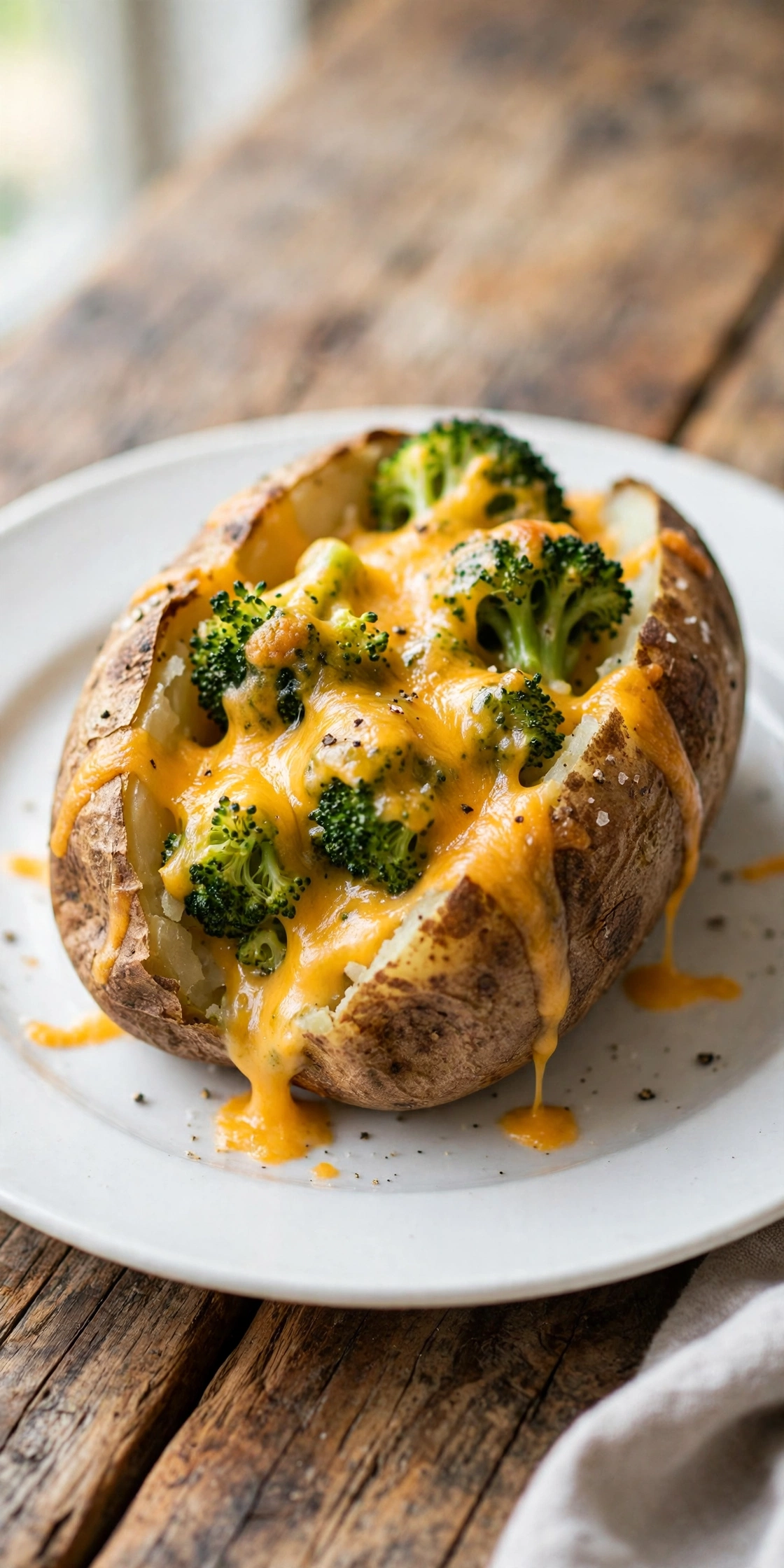 View of a broccoli cheddar stuffed baked potato with melted cheese sauce and steamed broccoli florets