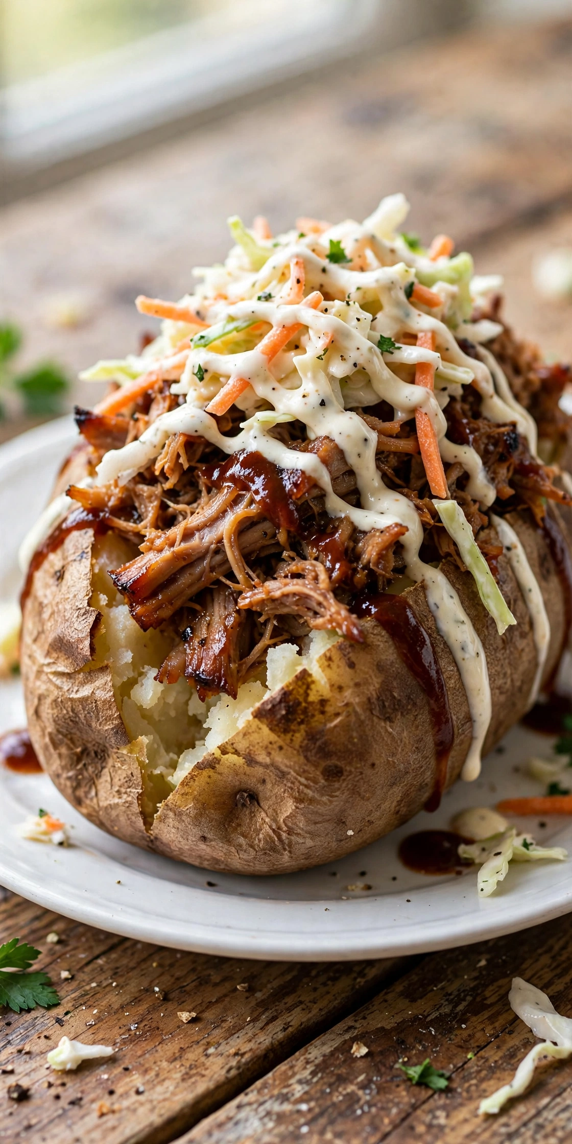 View of a BBQ pulled pork baked potato topped with coleslaw, pickles, and drizzled barbecue sauce