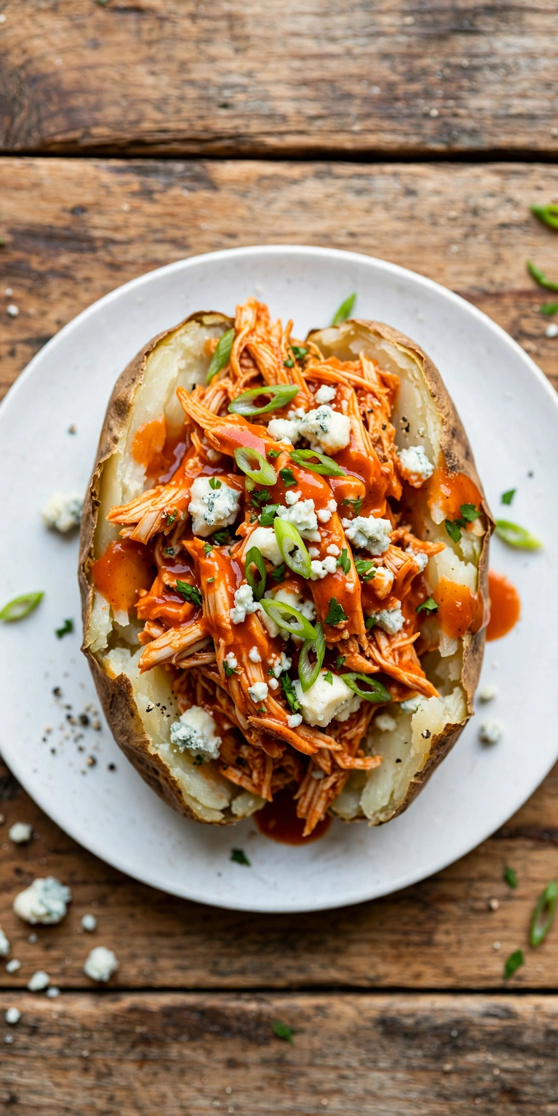 View of a buffalo chicken baked potato with shredded chicken in spicy sauce, blue cheese crumbles, and celery