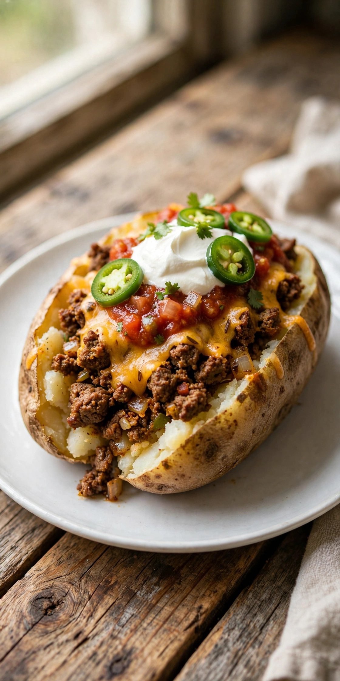 View of a taco stuffed baked potato with seasoned beef, cheddar, salsa, sour cream, and cilantro