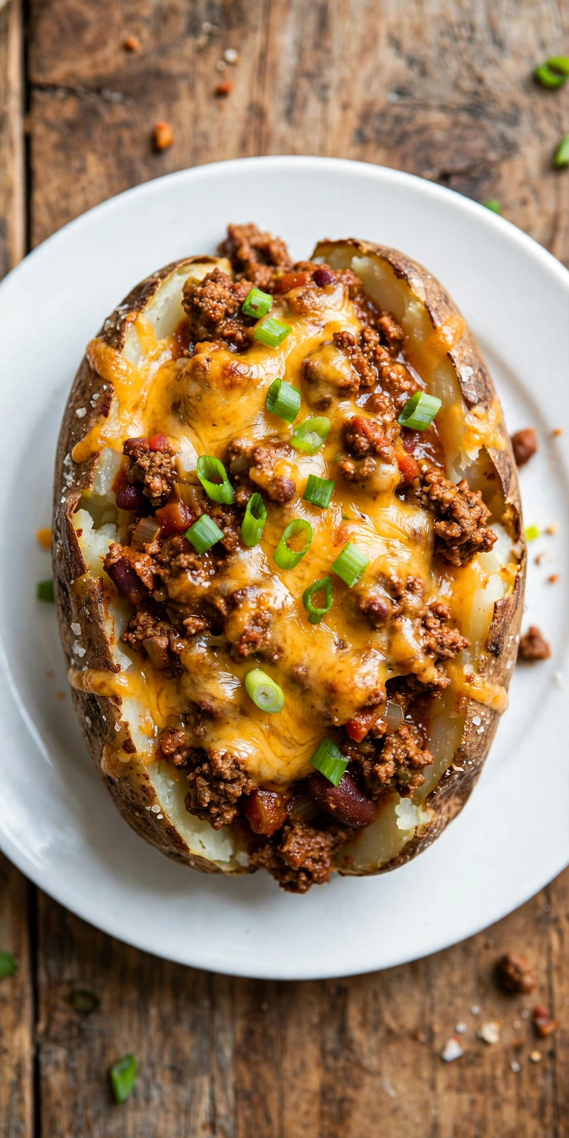 View of a chili cheese baked potato with hearty beef chili, melted cheddar, and diced onions