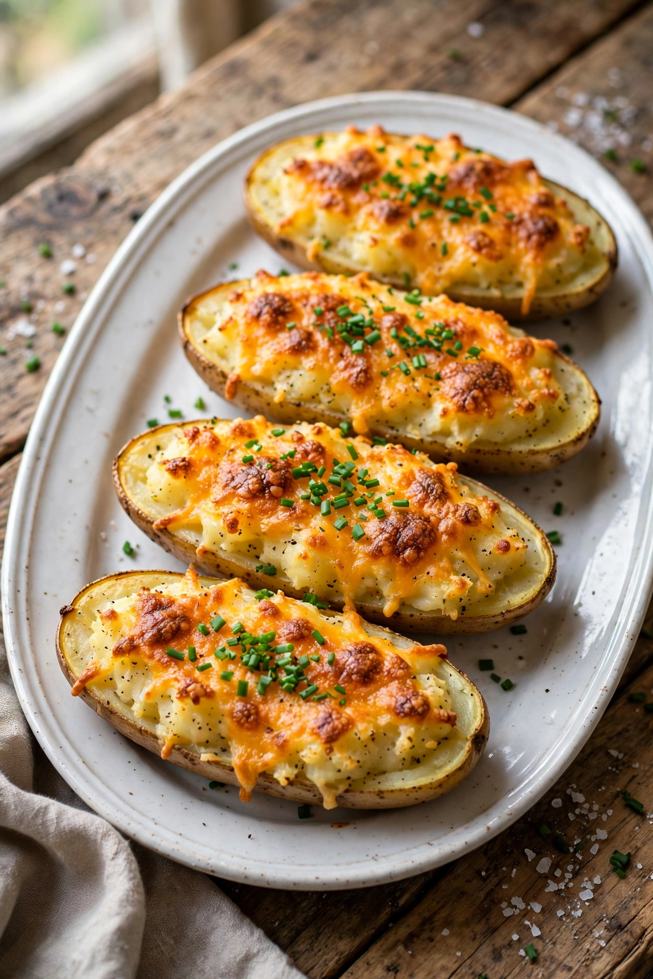 View of twice-baked potatoes with piped cheesy filling, bacon bits, and a golden brown top