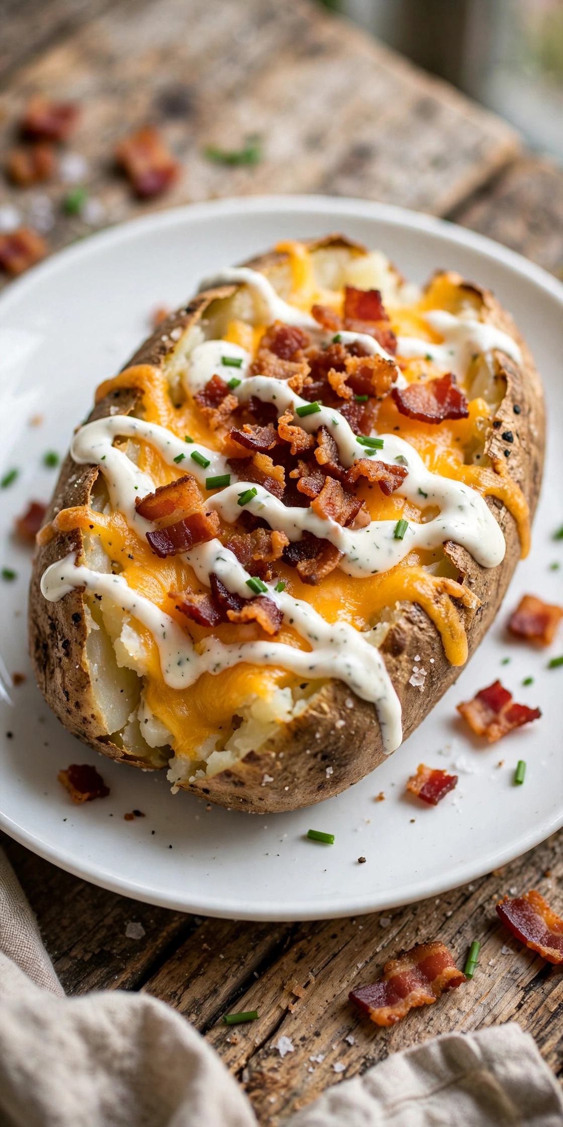 View of a bacon ranch baked potato with crispy bacon, ranch drizzle, cheddar, and green onions