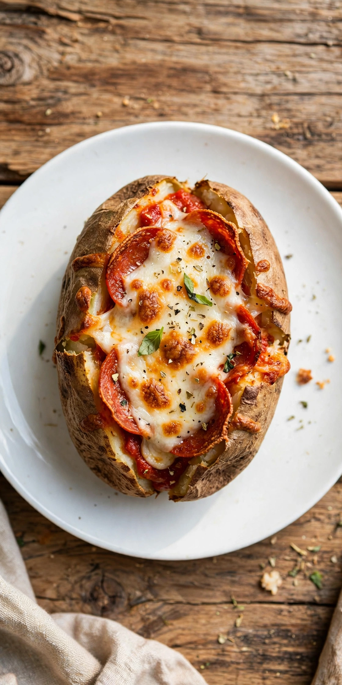View of a pizza stuffed baked potato with marinara, melted mozzarella, and pepperoni slices