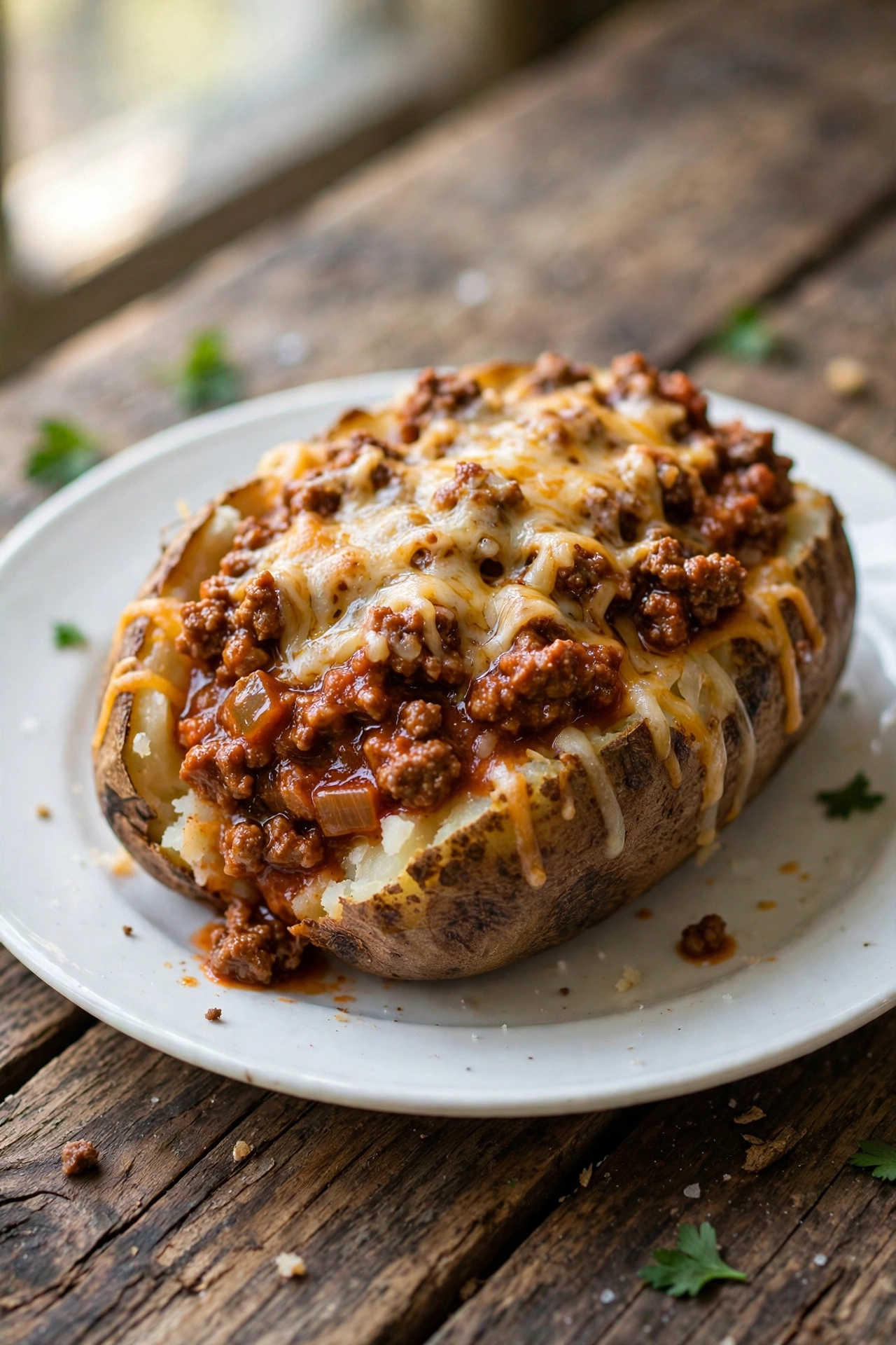 View of a sloppy joe baked potato with sweet tangy beef filling, melted cheese, and pickles