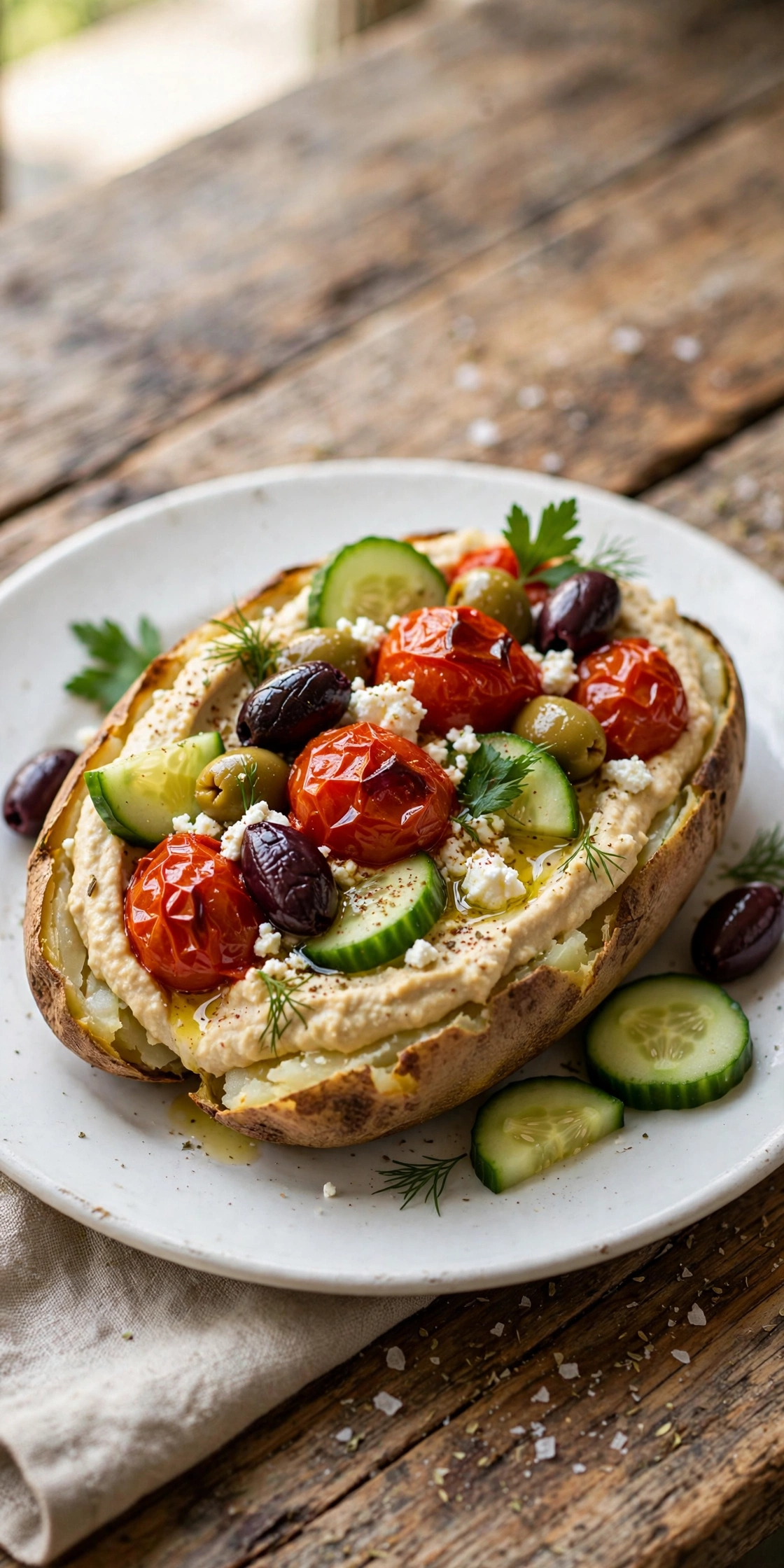 View of a Mediterranean hummus baked potato with hummus, chickpeas, tomatoes, olives, and feta