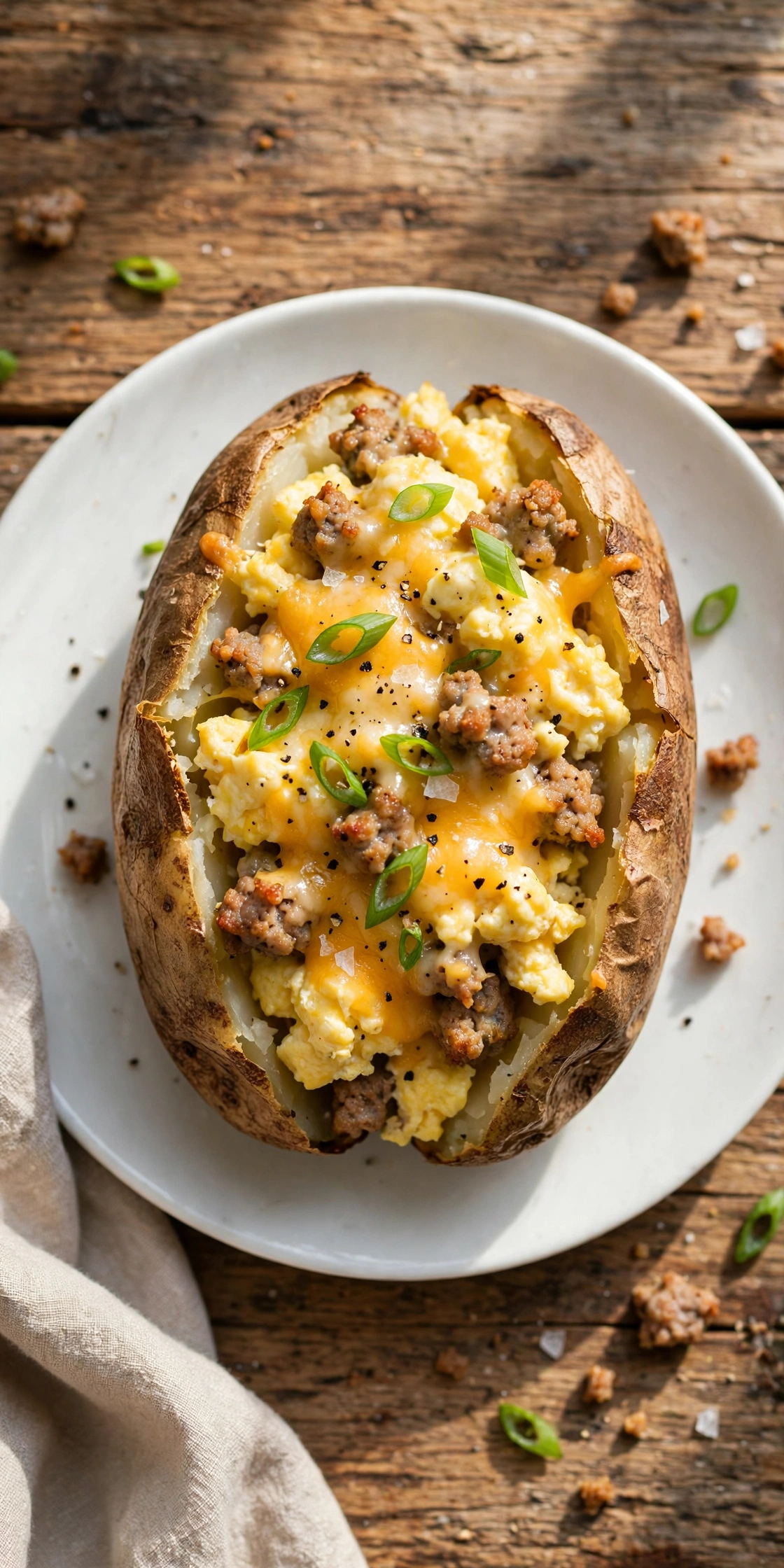 View of a breakfast loaded baked potato with scrambled eggs, sausage, cheddar, and chives